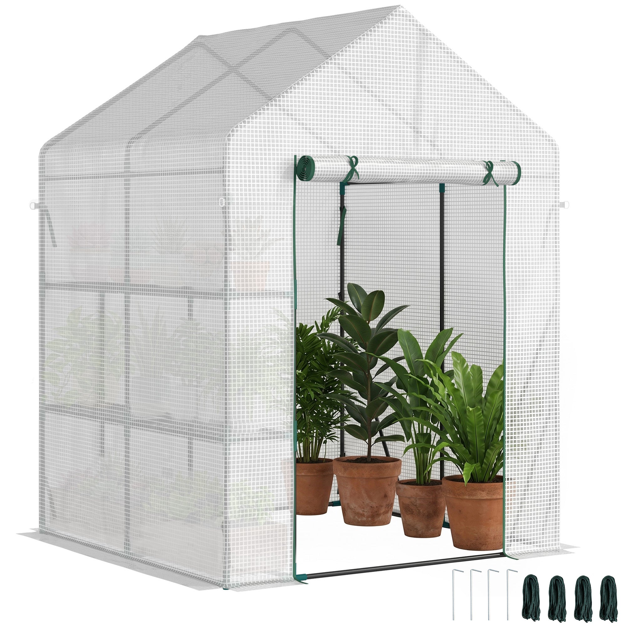 Outsunny Greenhouse for Outdoor, Portable Gardening Plant Grow House with 2 Tier Shelf, Roll-Up Zippered Door, PE Cover, 143 x 143 x 195cm, Green