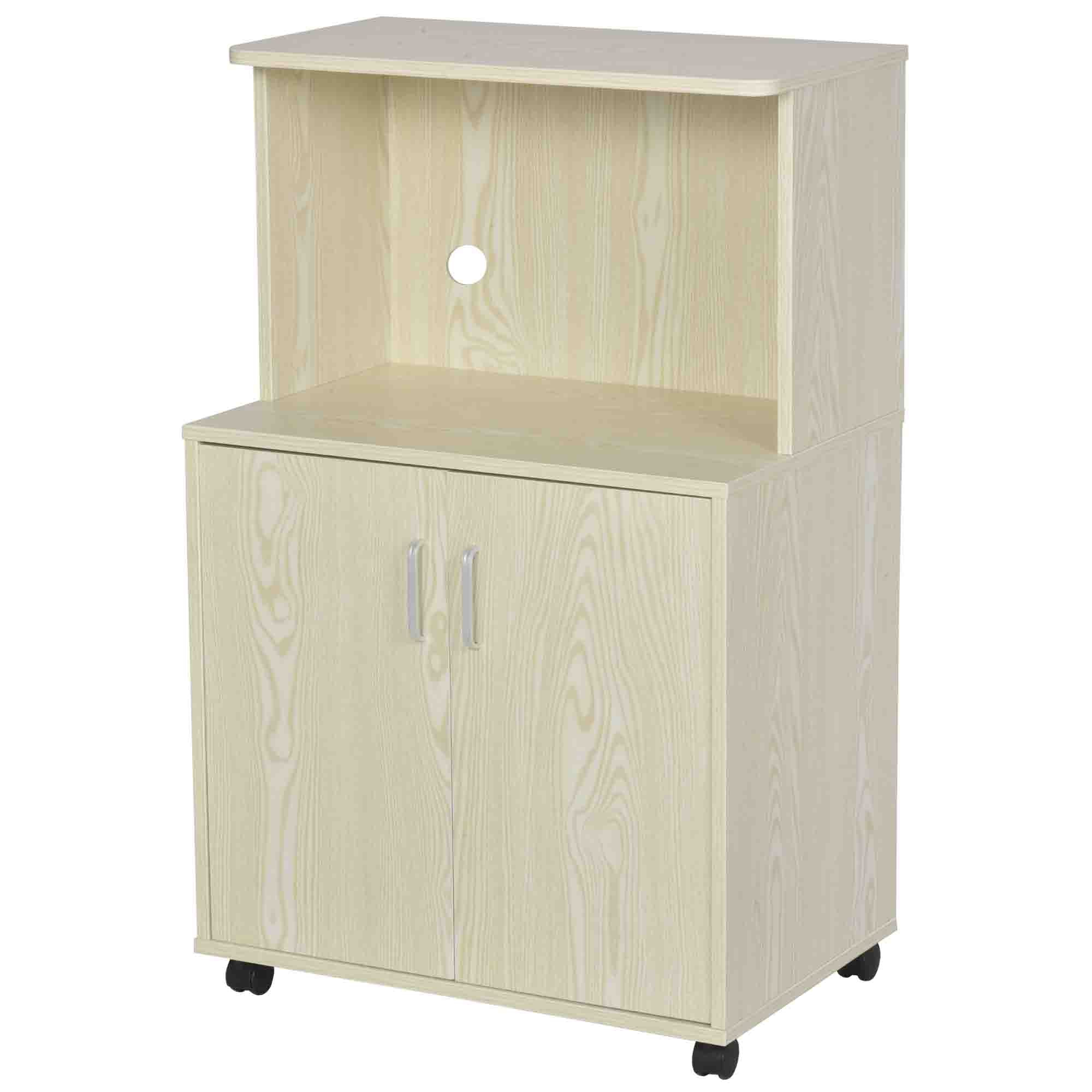 HOMCOM Kitchen Storage Unit, Modern Microwave Stand Trolley Cart, Sideboard with Cabinet, Locking Wheels, Shelf for Living Room, Dining Room, Oak Tone - North Peak Garden Furniture