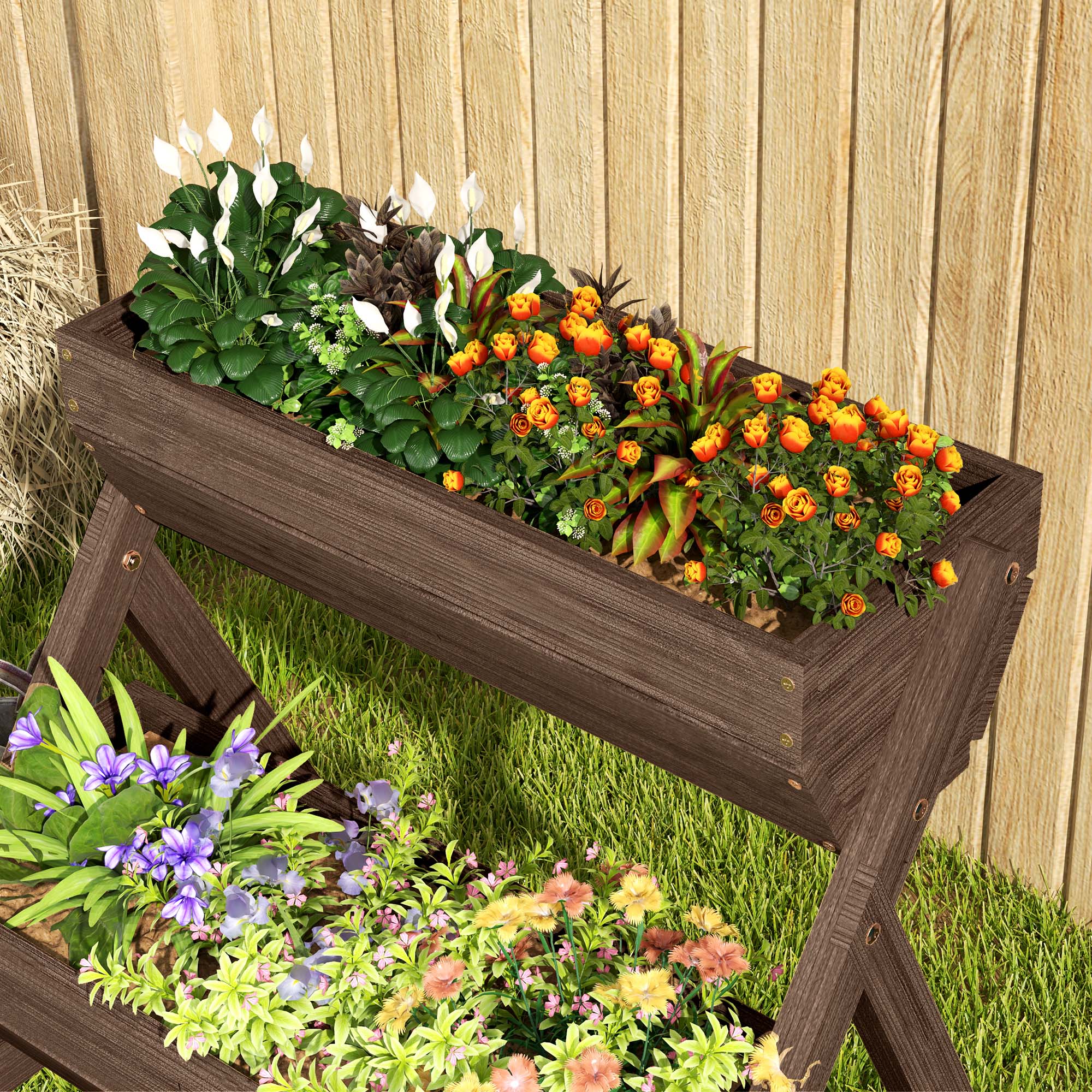Outsunny 3 Tier Raised Garden Bed Wooden Elevated Planter Box Kit, 66L for Flower, Vegetable, Herb, 65x75x78cm, Tan - North Peak Garden Furniture
