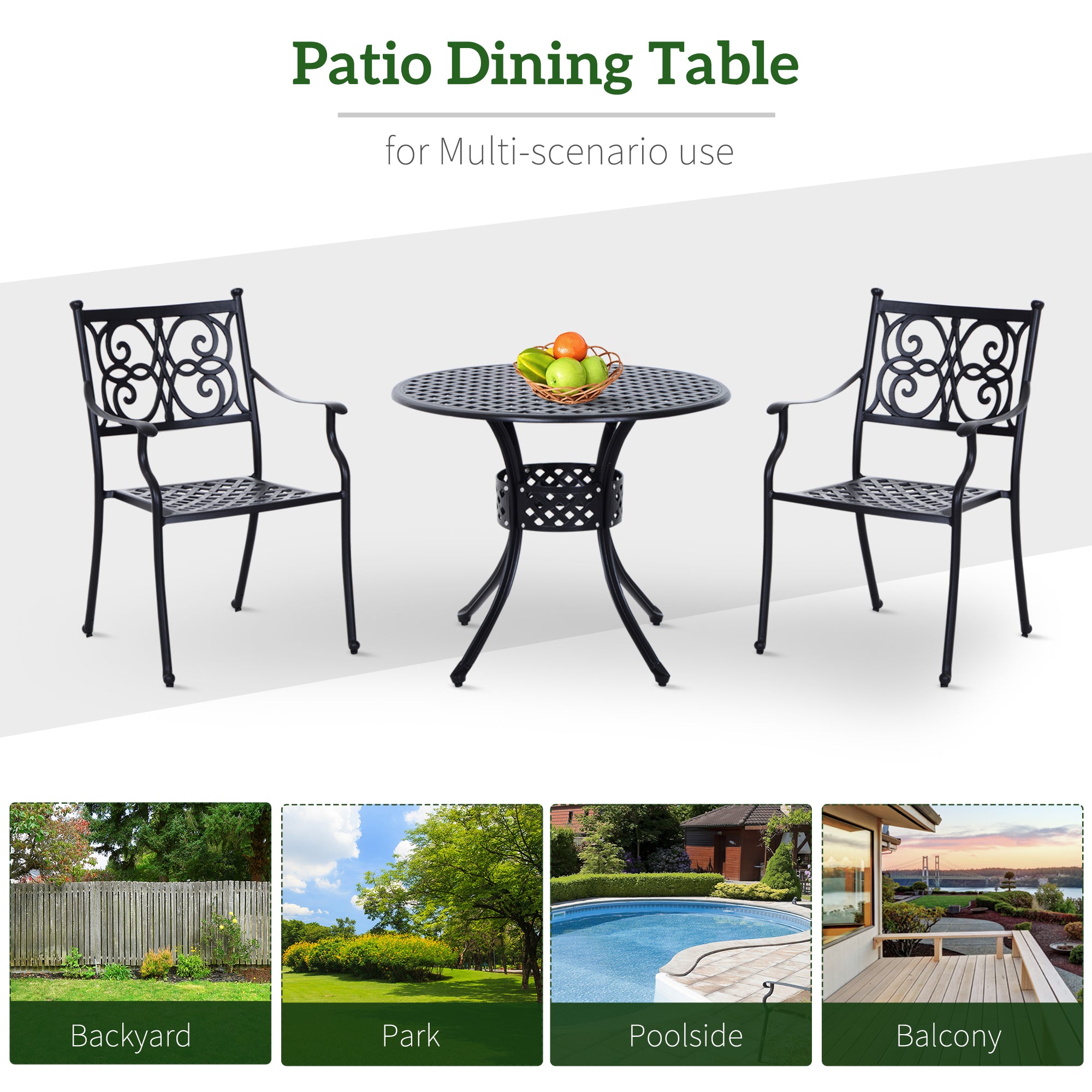 Outsunny 85cm Round Garden Table with Umbrella Hole, Aluminium Grid Motif Outdoor Dining Table for Garden Patio, Black - North Peak Garden Furniture