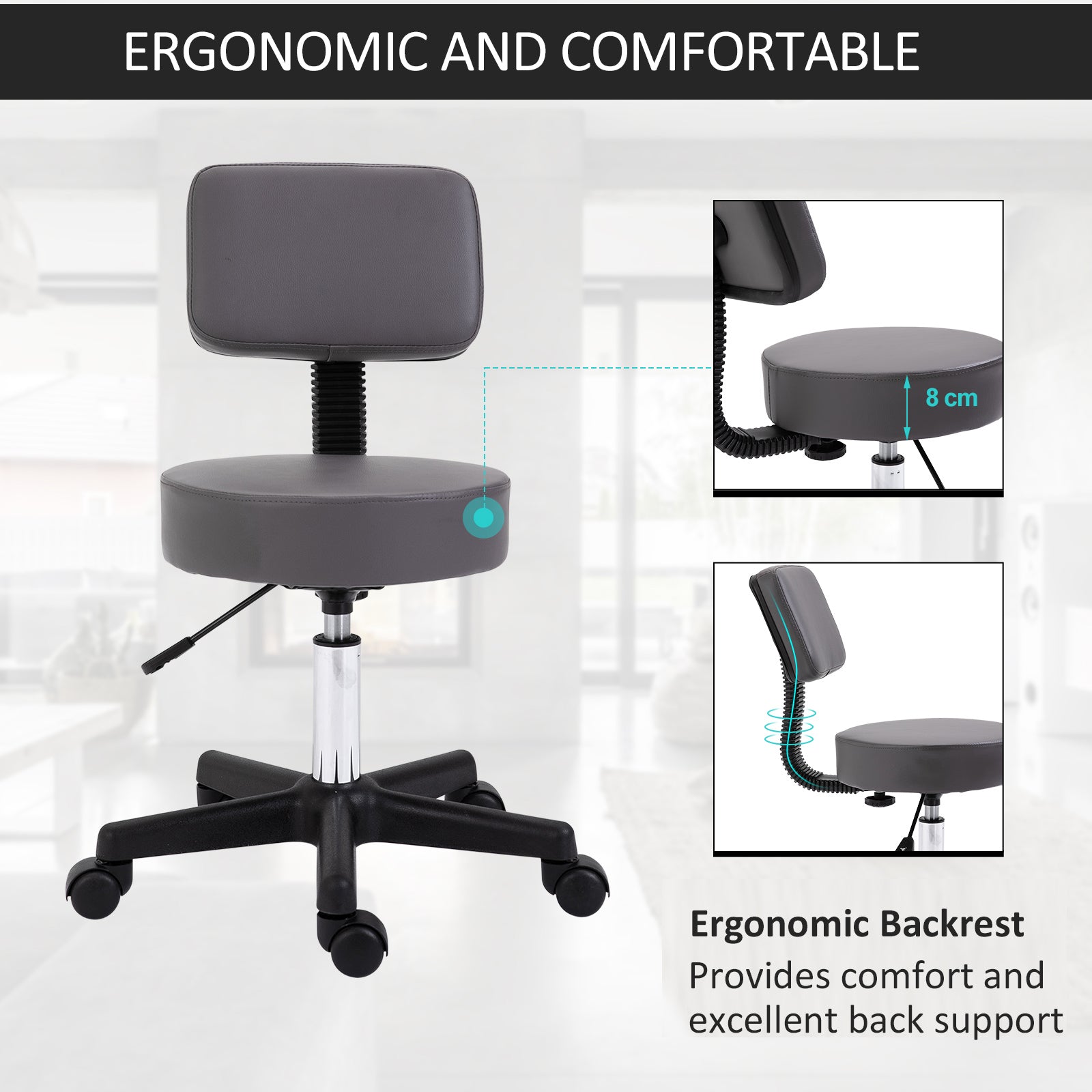 HOMCOM Beautician's Swivel Salon Chair w/ Padded Seat Back 5 Wheels Adjustable Height Salon Hairdressers Tattoo Spa Rolling Cushion Professional 35cm Grey - North Peak Garden Furniture