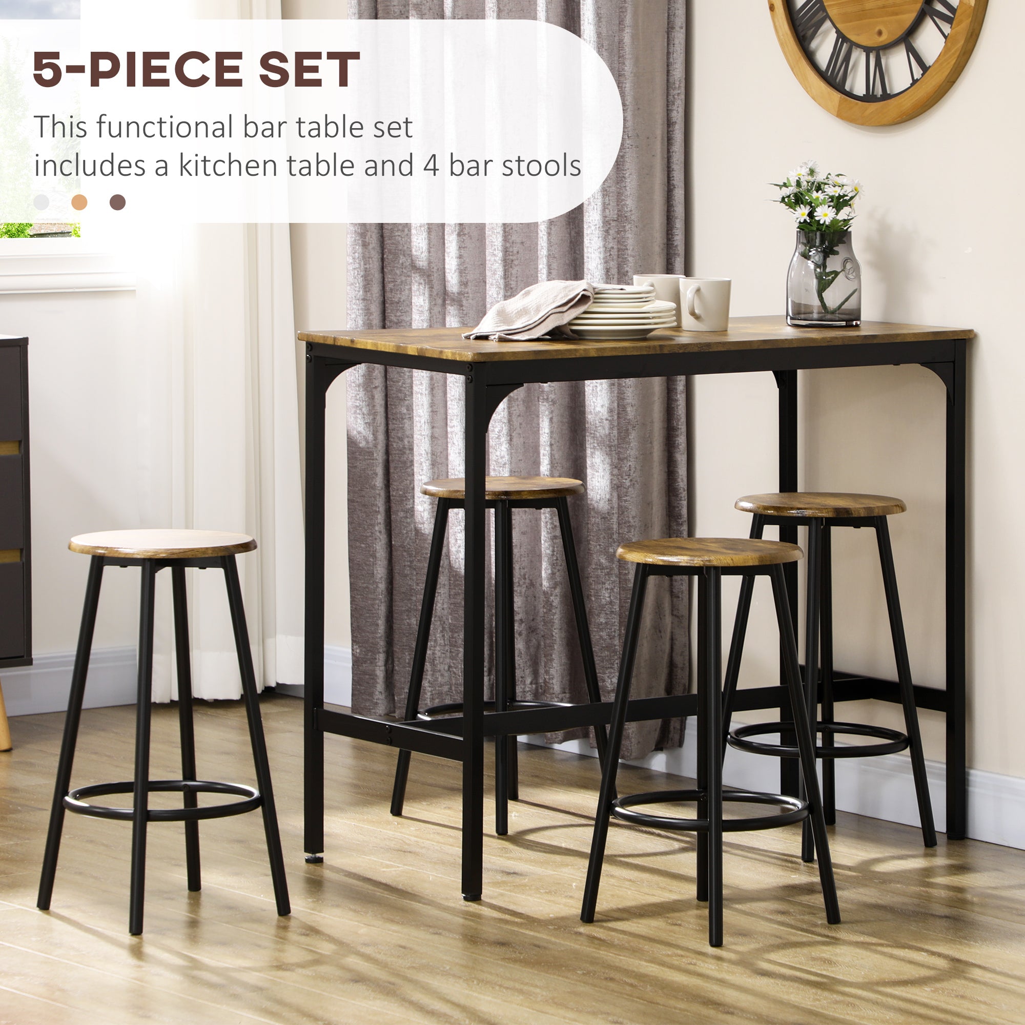 HOMCOM Five-Piece Industrial-Style Bar Table Set - Brown/Black