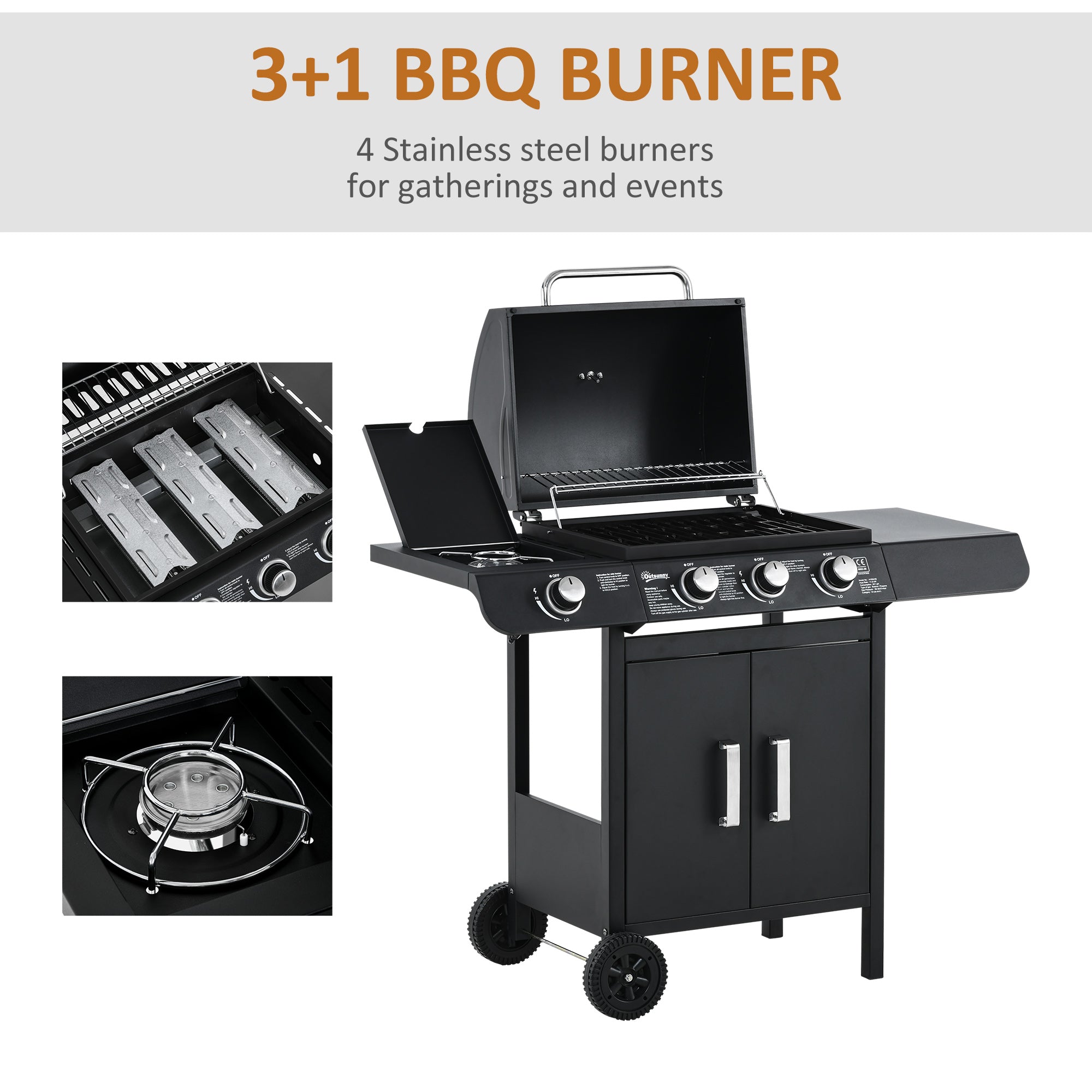 Outsunny Gas Burner Barbecue Grill 3+1 Burner Garden BBQ Trolley w/ Side Burner Warming Rack Side Shelves Storage Cabinet Piezo Ignition Thermometer 110x50x100cm - North Peak Garden Furniture