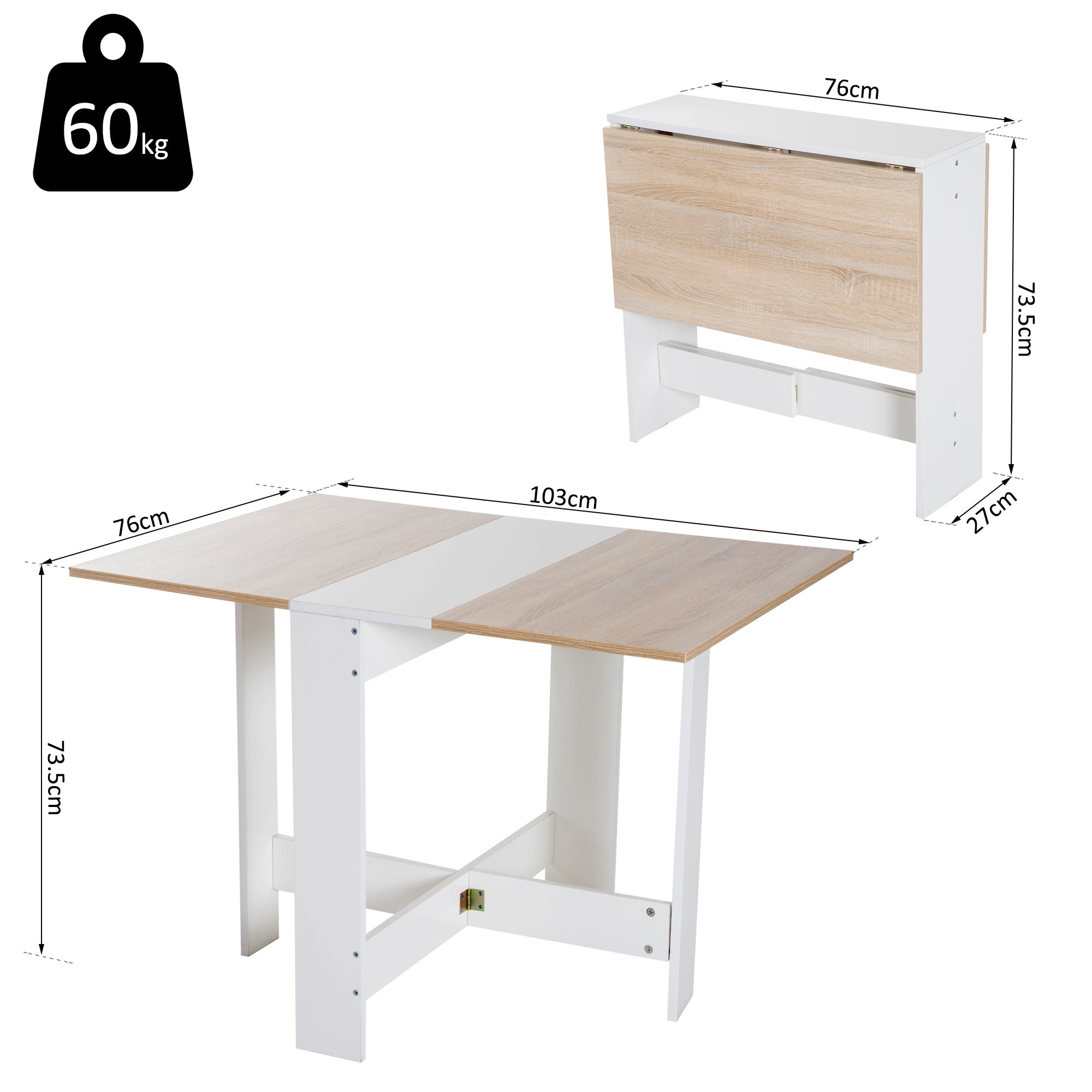 HOMCOM Wooden Folding Dining Table Writing Computer Desk PC Workstation Space Saving Home Office Oak & White - North Peak Garden Furniture