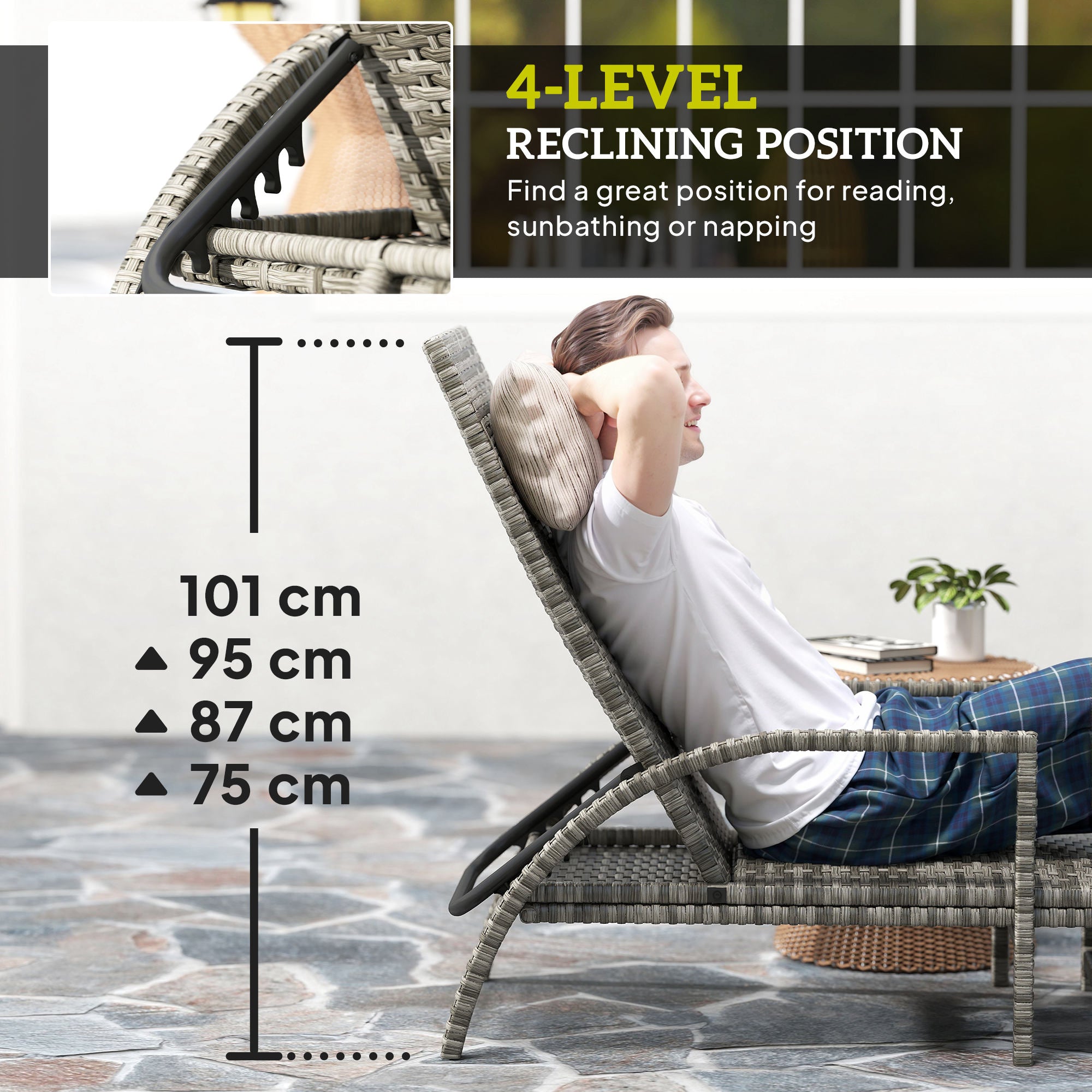 Outsunny PE Rattan Sun Lounger with Adjustable Backrest - Mixed-grey - North Peak Garden Furniture