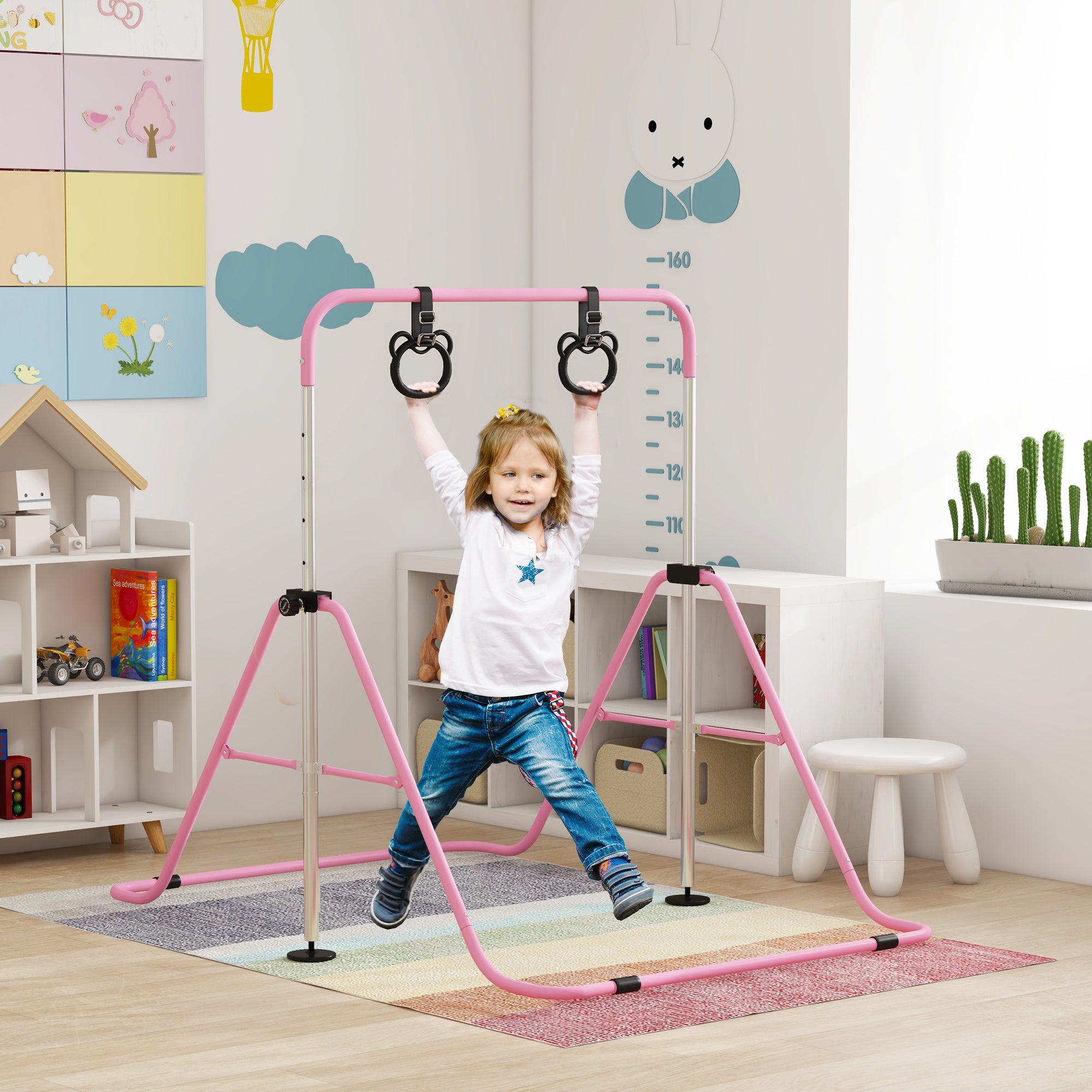 HOMCOM Adjustable Height, Foldable Kids Gymnastics Bar w/ Non-Slip Mats, for 3+ Years, Pink