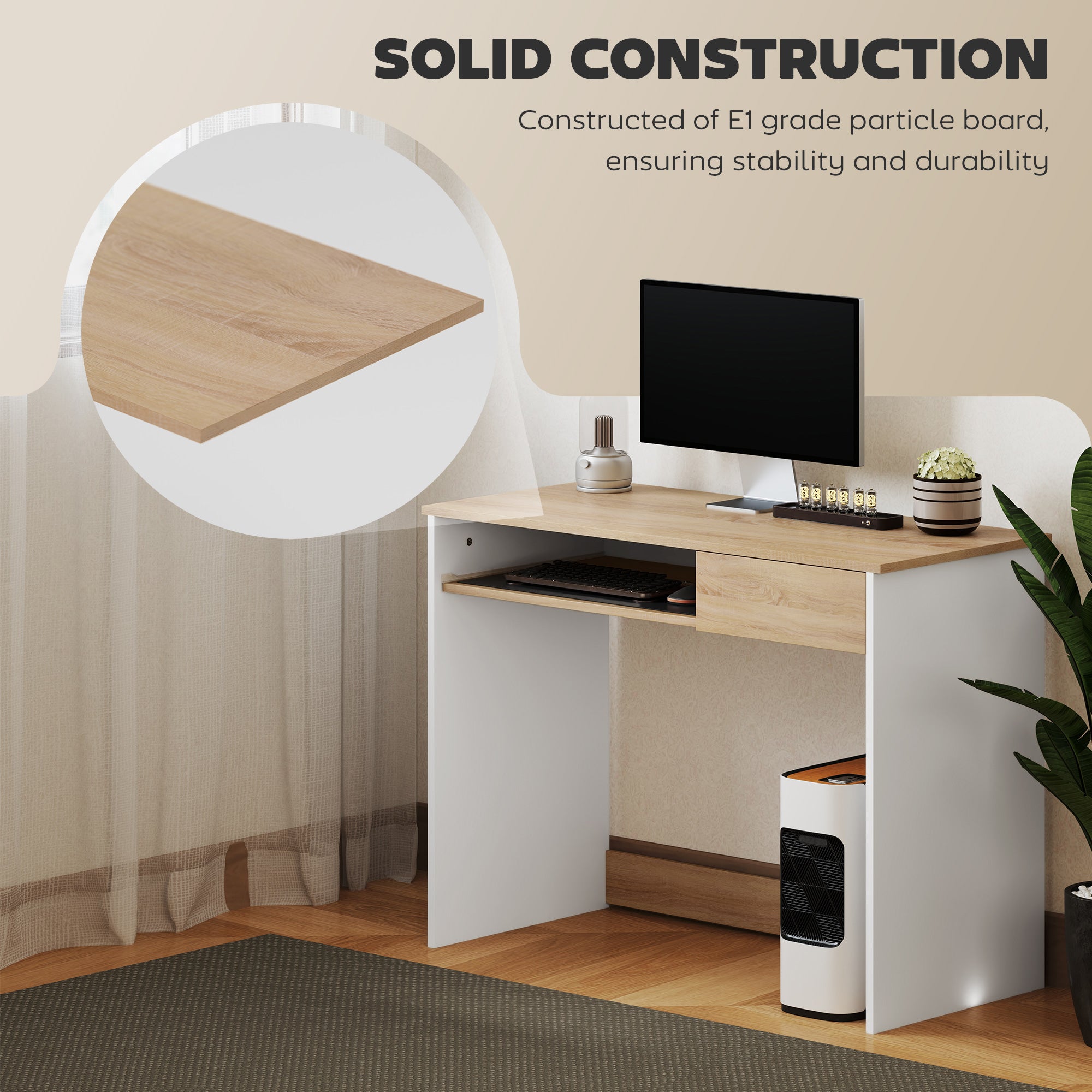 HOMCOM 100cm Compact Computer Desk with Keyboard Tray, Home Office Desk with Drawer for Bedroom Study, Oak - North Peak Garden Furniture