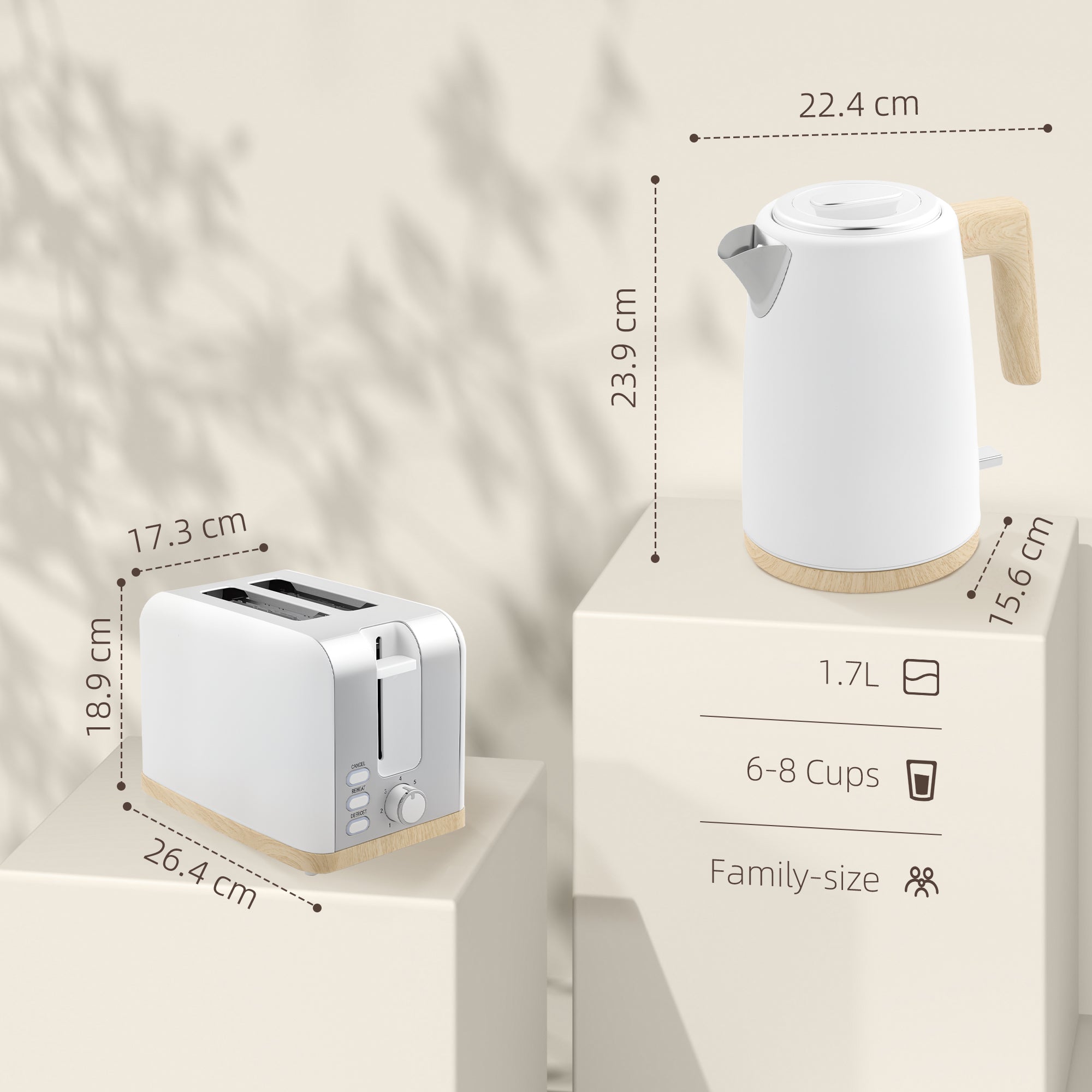 HOMCOM Kettle and Toaster Set, 1.7L 3000W Fast Boil Kettle & 2 Slice Toaster Kitchen Set with 7 Level Browning Controls, Defrost, Reheat, Auto Off, Boil-dry Protection, White - North Peak Garden Furniture