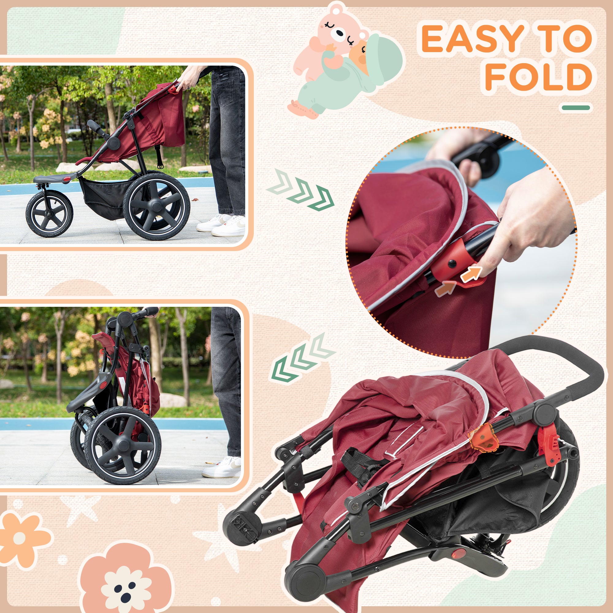 HOMCOM Foldable Three-Wheeler Baby Stroller w/ Canopy, Storage Basket - Red - North Peak Garden Furniture