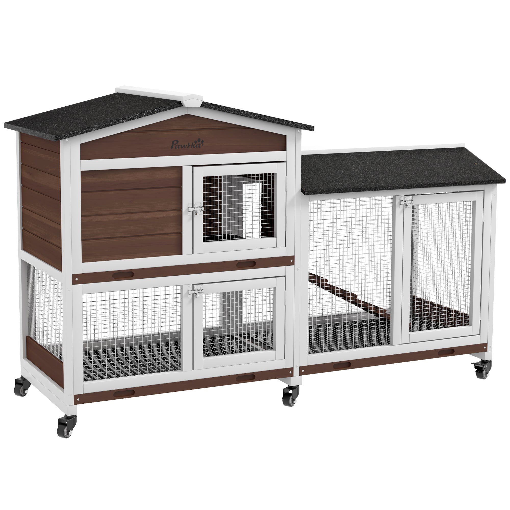 PawHut Wooden Two-Tier Pet Hutch with Wheels, Run - Brown - North Peak Garden Furniture