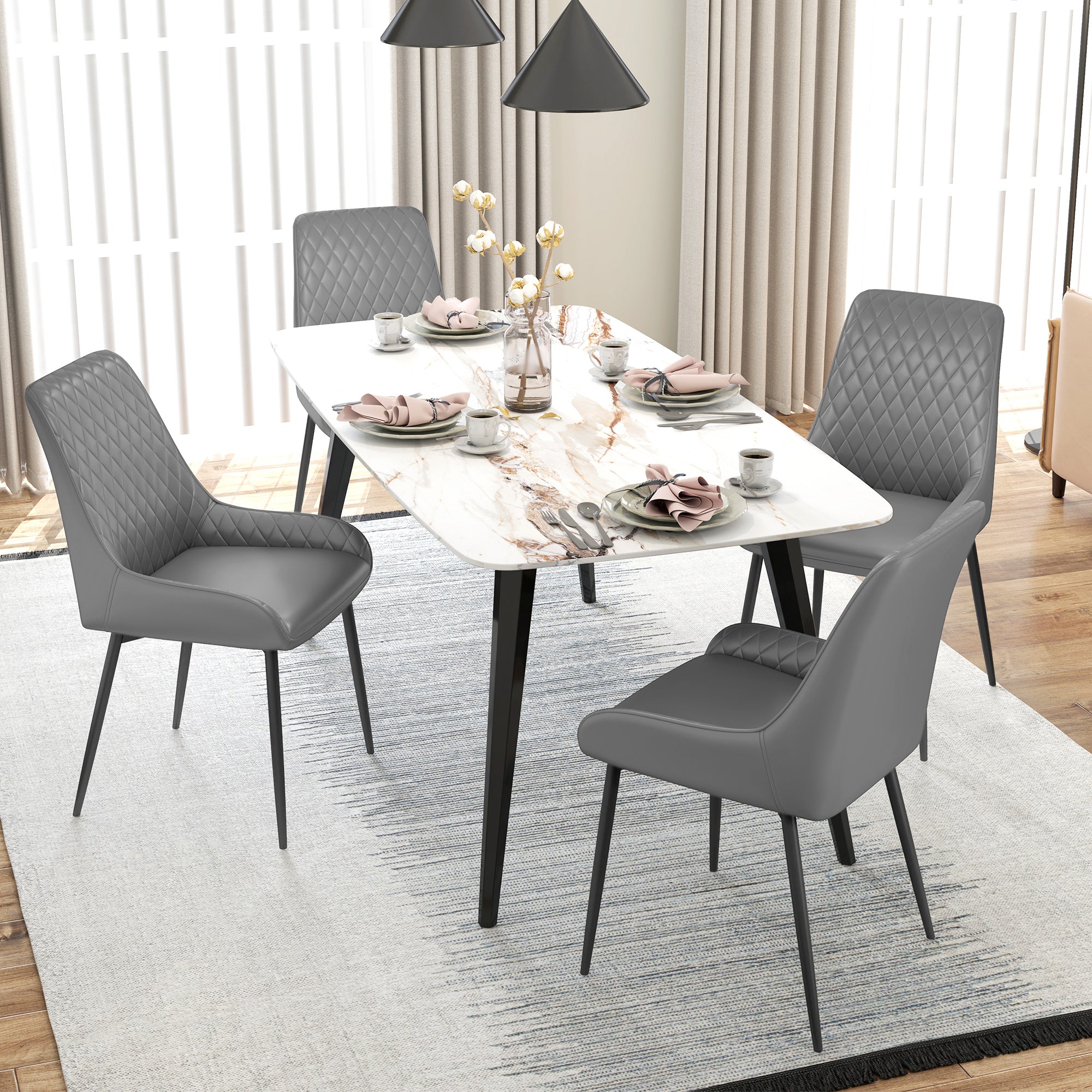 HOMCOM Set Of 2 Quilted PU Leather Dining Chairs with Metal Frame 4 Legs Foot Caps Home Seating Modern Stylish Executive Grey