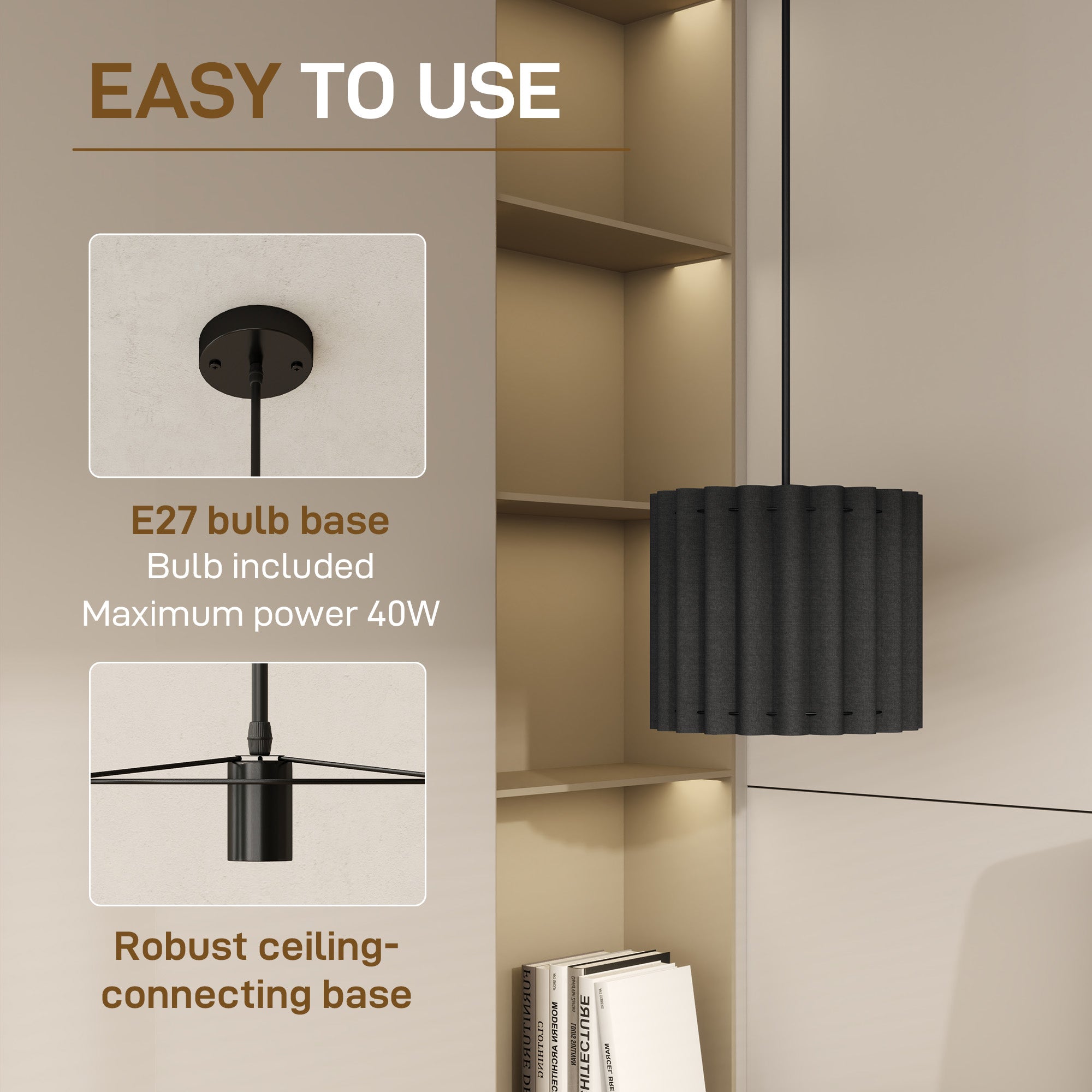 HOMCOM Linen Pendant Light, Modern Wave Ceiling Light Shade, E27 Lampshade for Living Room, Bedroom, Kitchen, Hallway, Black - North Peak Garden Furniture