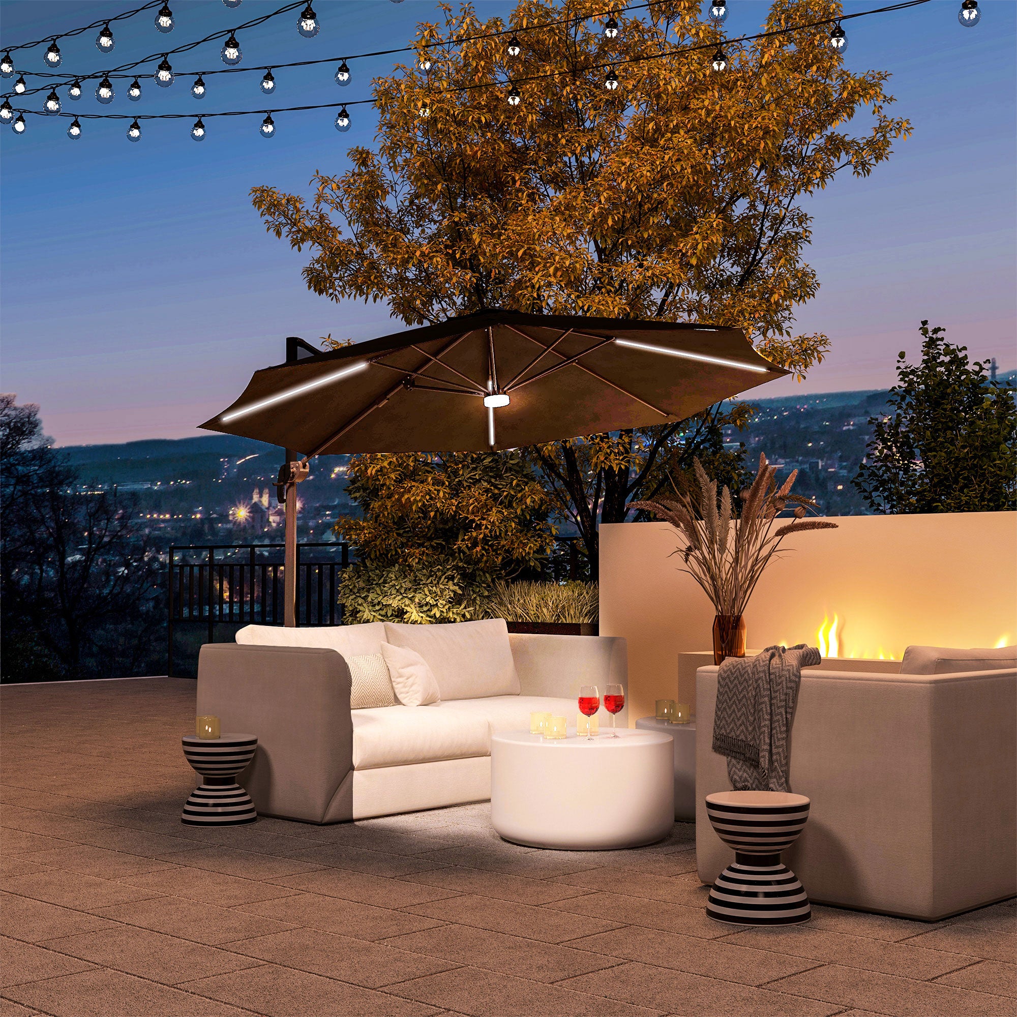 Outsunny Cantilever Parasol, with LED Lights and Cross Base - Dark Grey - North Peak Garden Furniture