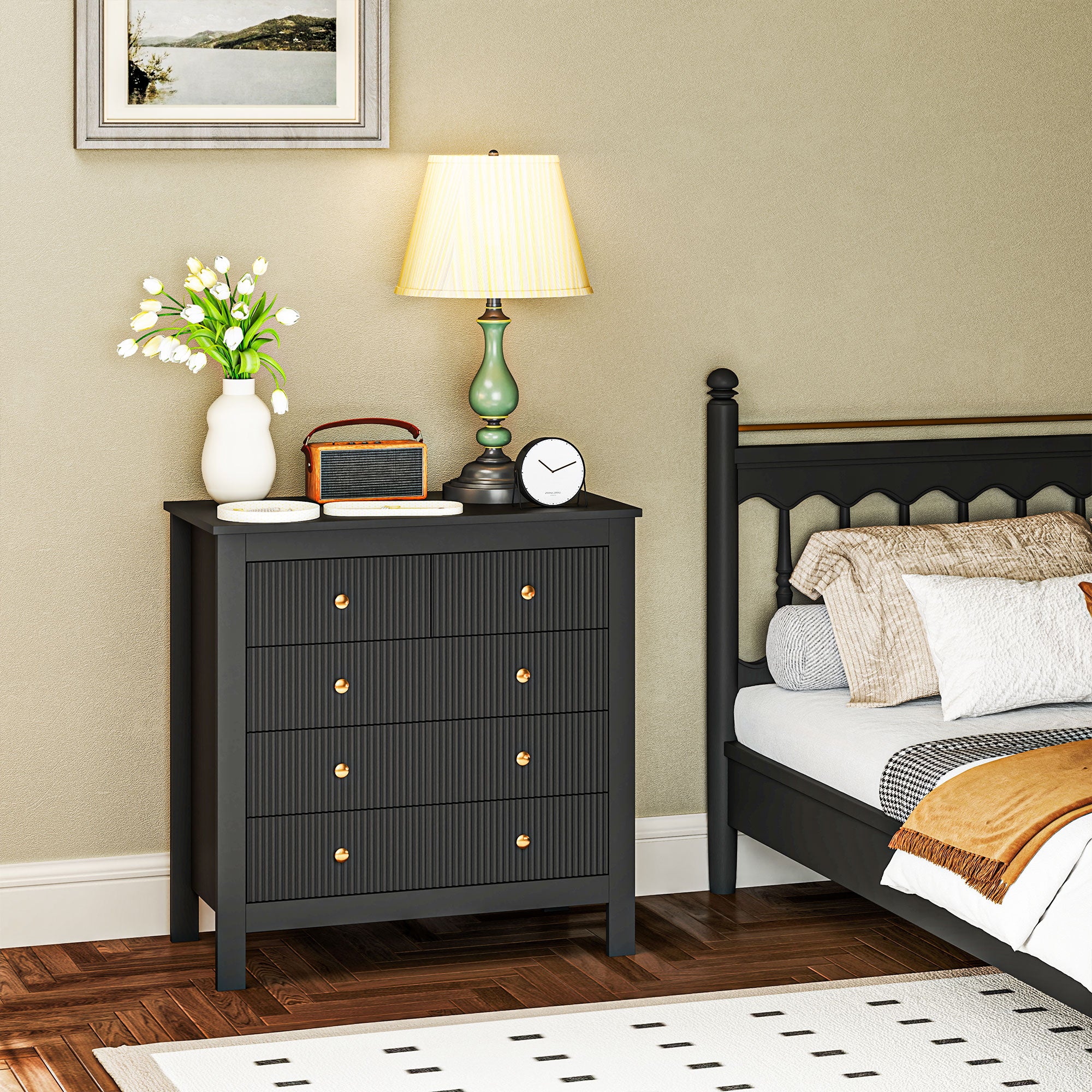 HOMCOM Elegant Chest of Five Drawers - Black - North Peak Garden Furniture