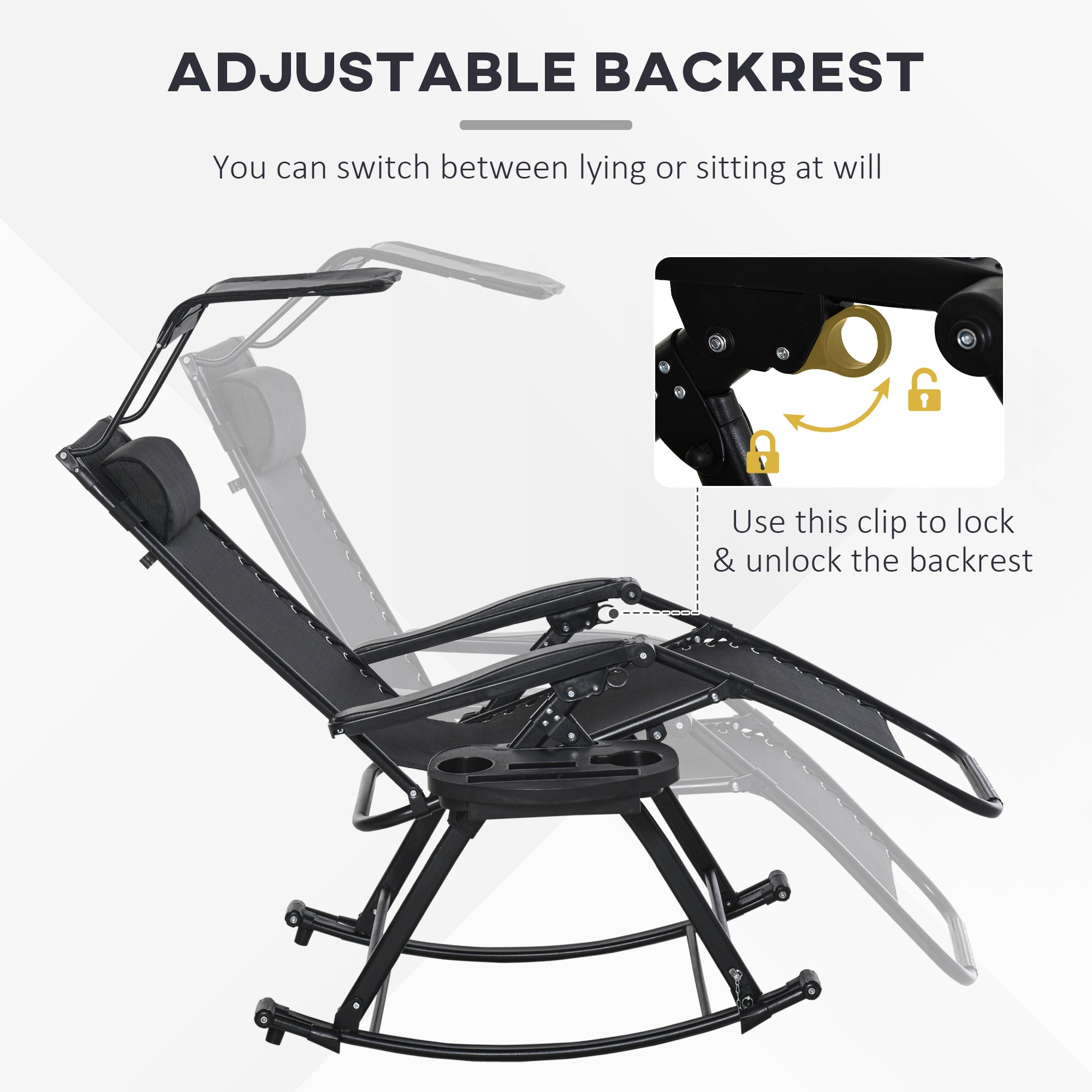 Outsunny Garden Rocking Chair Folding Recliner Outdoor Adjustable Sun Lounger Rocker Zero-Gravity Seat with Headrest Side Holder Patio Deck - Black - North Peak Garden Furniture