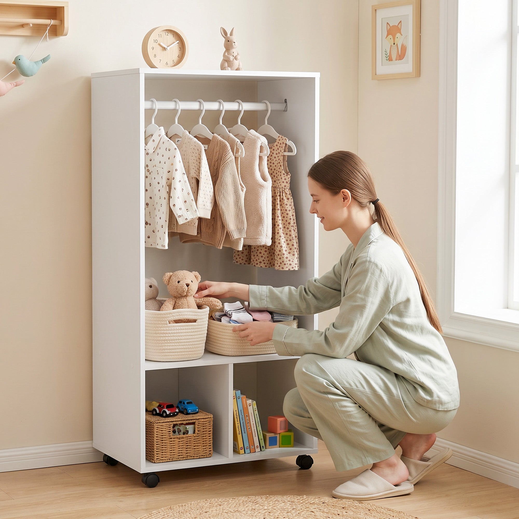 HOMCOM Open Wardrobe for Bedroom, Small Wardrobe on Wheels with Clothes Rail, Storage Shelves, Mobile Garment Rack for Clothes Storage, Cloakroom, Hallway, White