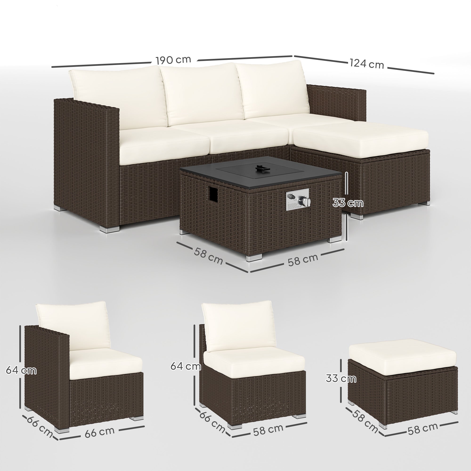 Outsunny Five Piece Rattan Garden Furniture Set with Gas Fire Pit Table and Footstool - Brown and Cream White - North Peak Garden Furniture