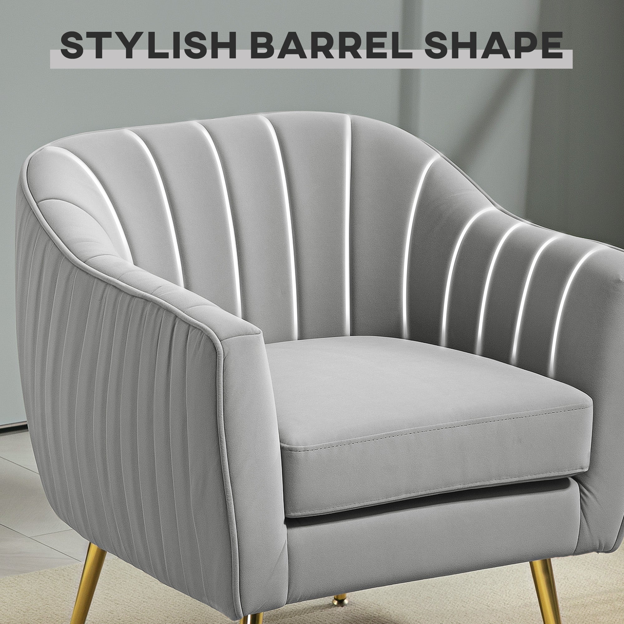 HOMCOM Velvet-Feel Shell Back Accent Chair - Grey - North Peak Garden Furniture
