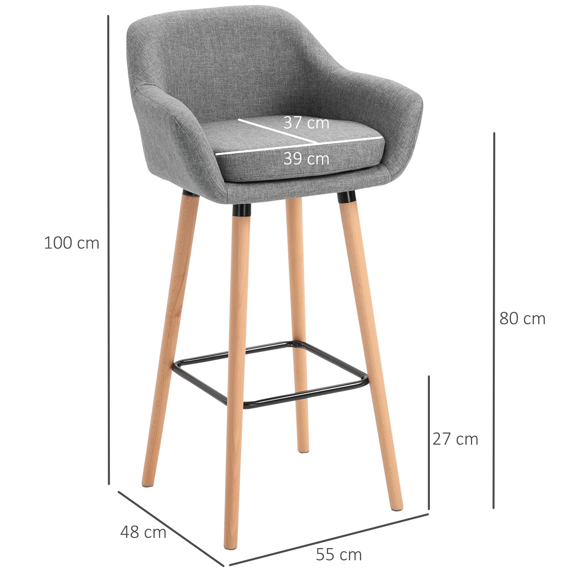HOMCOM Set of 2 Bar Stools Modern Upholstered Seat Bar Chairs w/ Metal Frame, Solid Wood Legs Living Room Dining Room Fabric Furniture - Grey - North Peak Garden Furniture