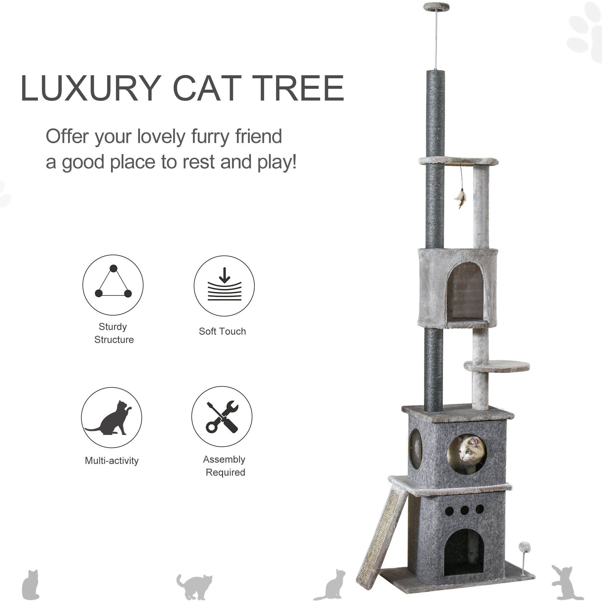 PawHut 255cm Floor To Ceiling Cat Tree for Indoor Cats Climber Scratching Post Adjustable Height Play Tower Removable Cover Grey - North Peak Garden Furniture