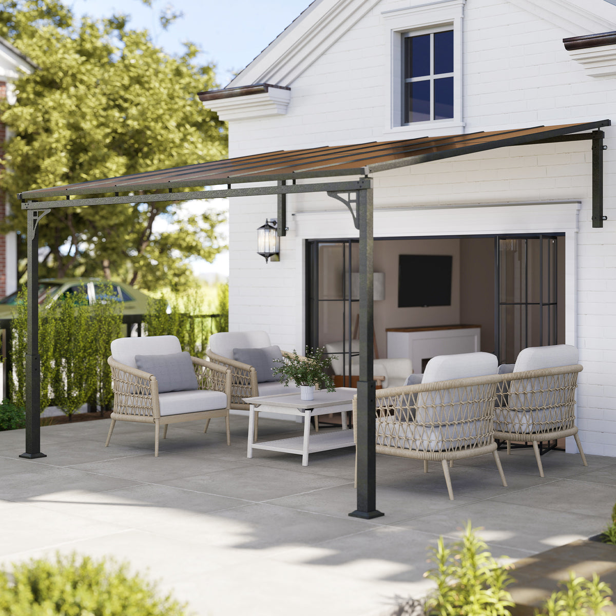 Outsunny 3.4 x 3 m Metal Lean-to Pergola, Wall-Mounted Garden Pergola with Polycarbonate Roof and Metal-Aluminium Frame, Brown