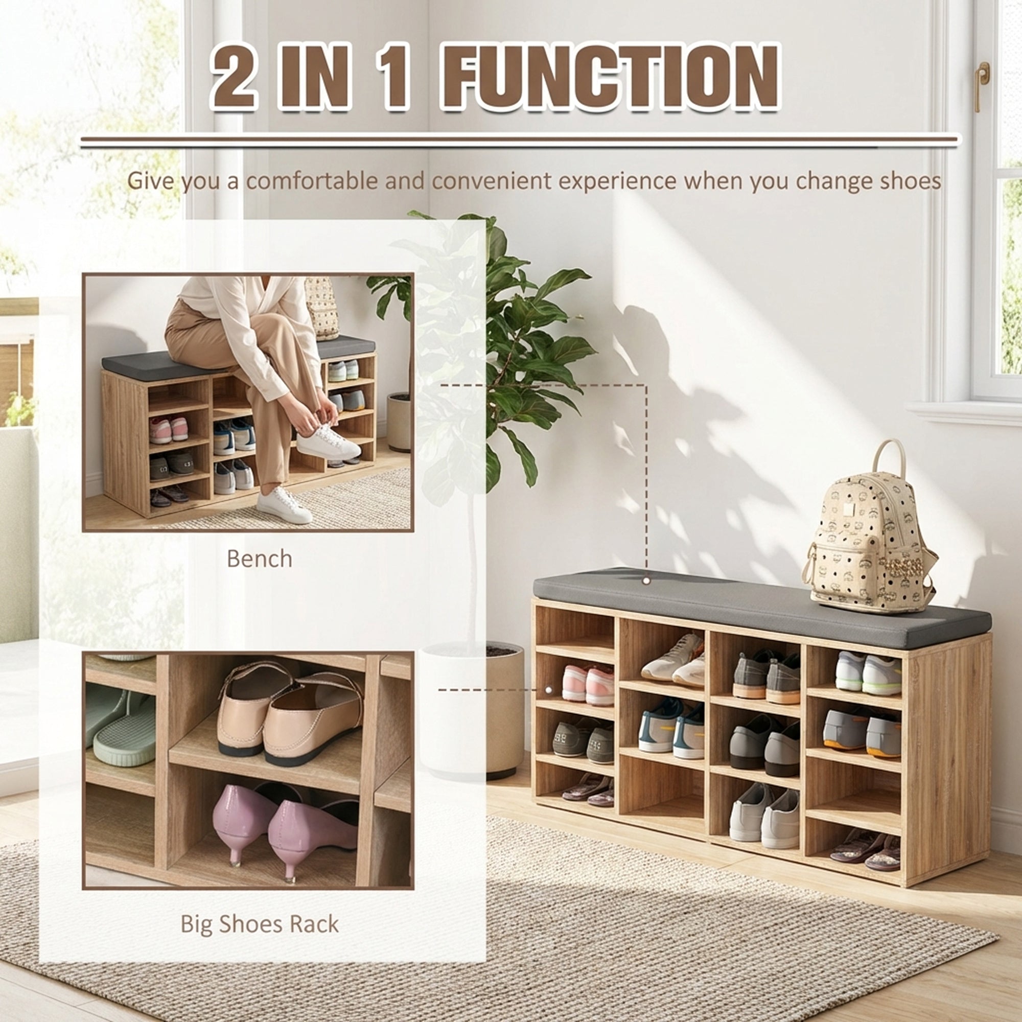 HOMCOM Multi-Storage Shoe Rack w/ 14 Compartments Cushion Moving Shelves Solid Frame Foot Pads Home Office Tidy Organisation Boots Trainers Brown