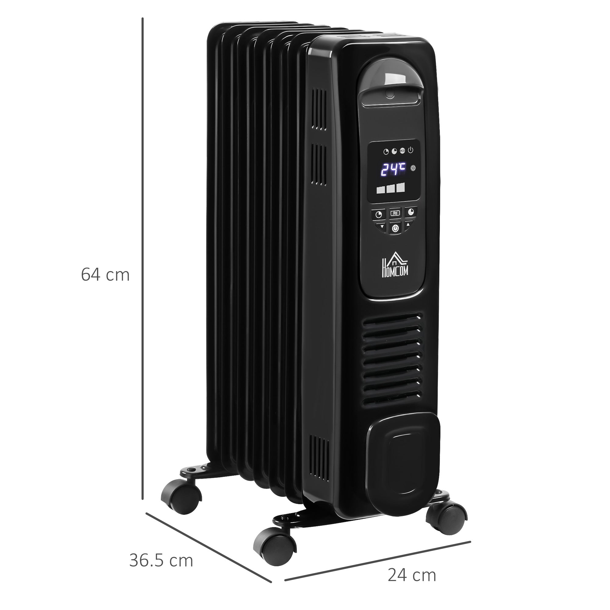 HOMCOM 1500W Digital Oil Filled Radiator, 7 Fin, Portable Electric Heater with LED Display, Built-in Timer, 3 Heat Settings, Safety Cut-Off and Remote Control, Black - North Peak Garden Furniture