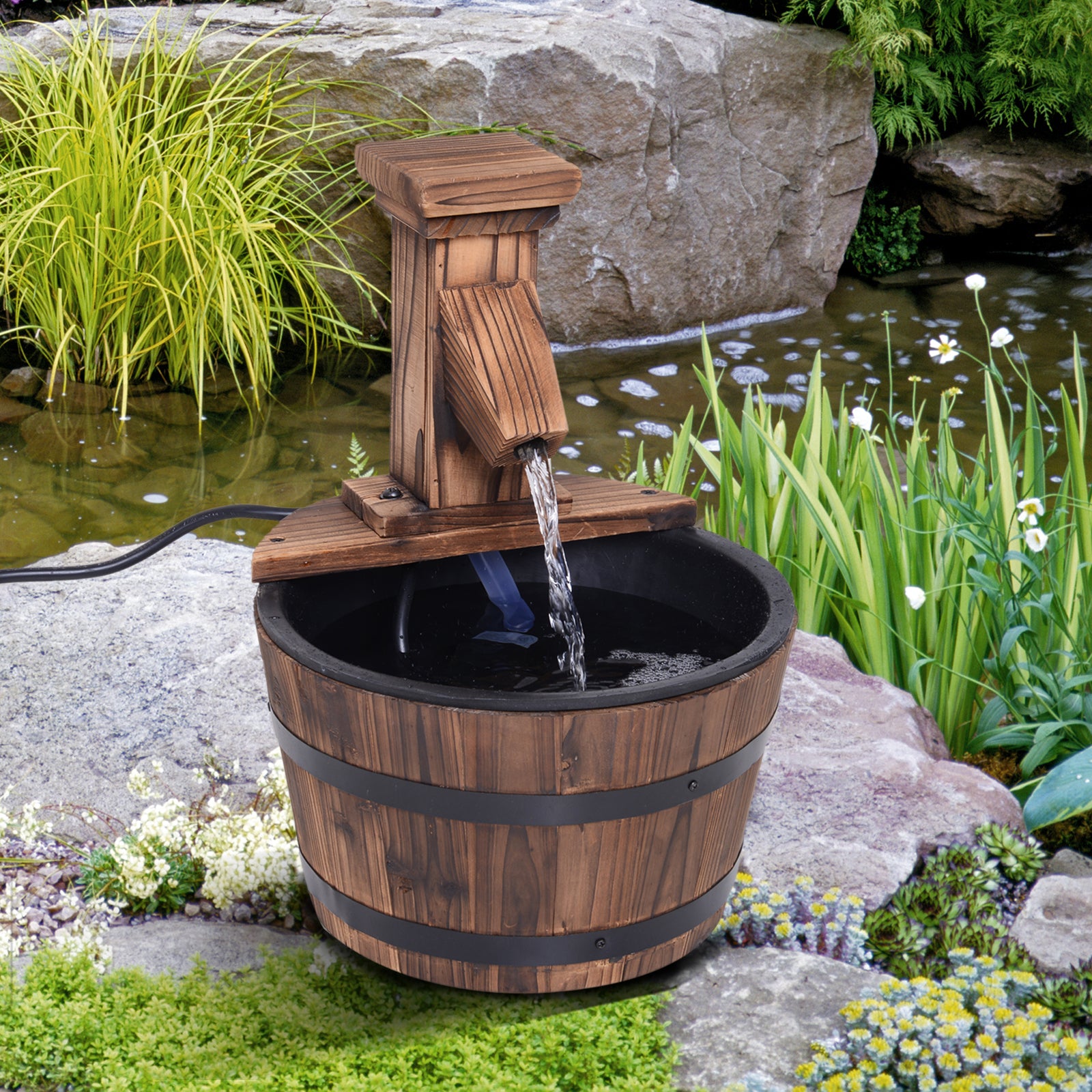 Outsunny Wood Barrel Patio Water Fountain Garden Decorative Ornament Water Feature with Electric Pump - North Peak Garden Furniture