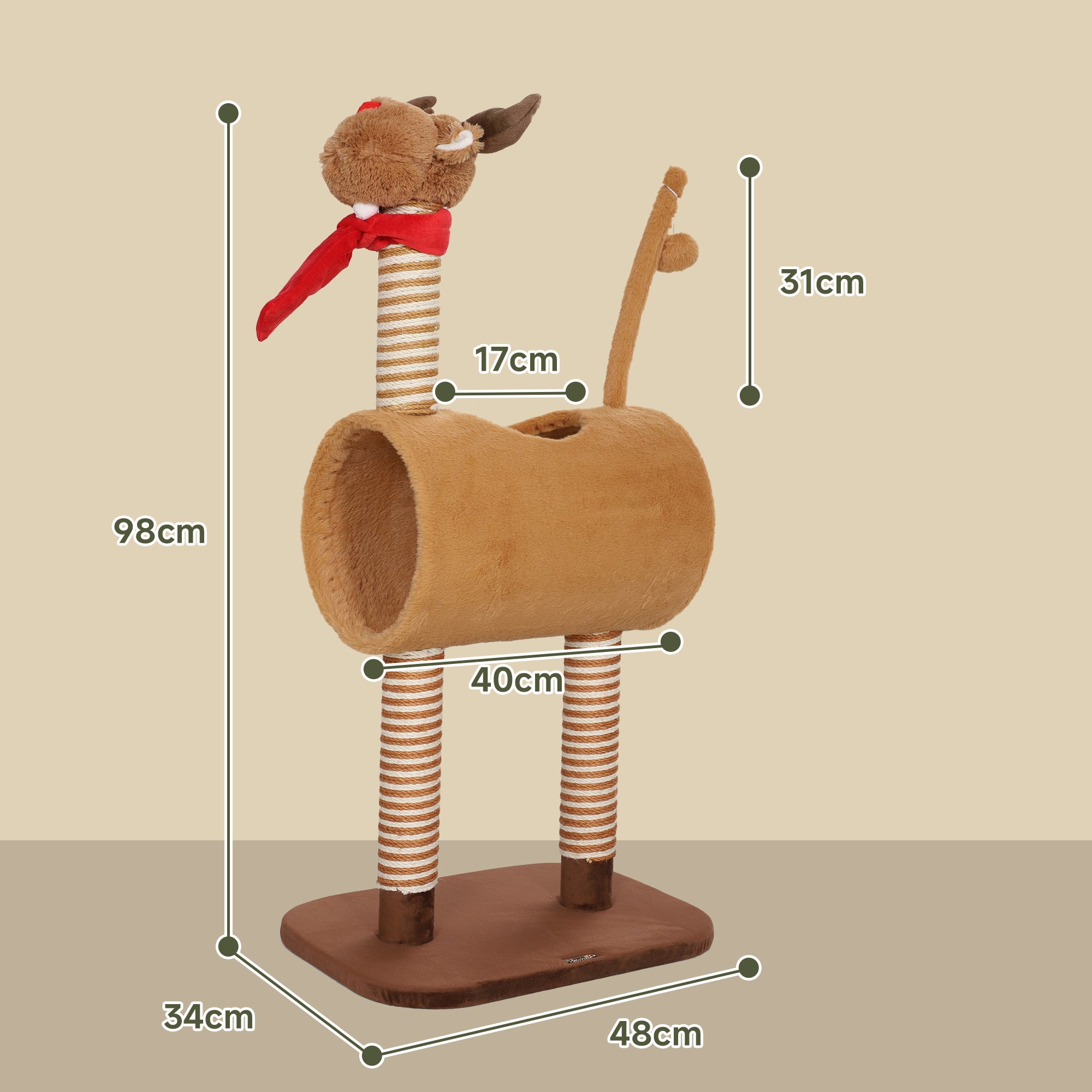 PawHut 98cm Deer-Designed Cat Tree with Scratching Posts, Toy Ball, Tunnel, Brown - North Peak Garden Furniture