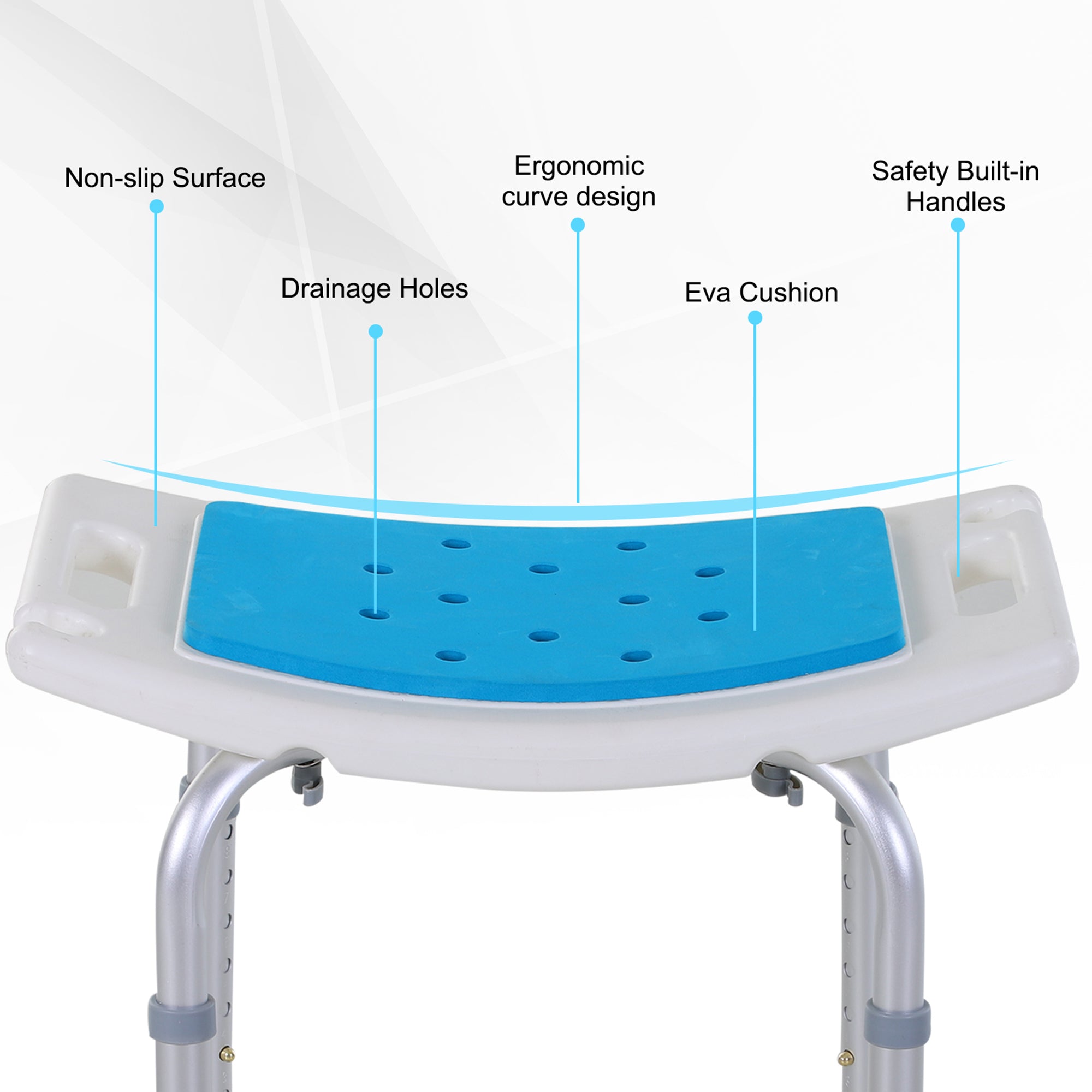 HOMCOM 6-Level Height Adjustable Aluminium Bath Room Stool Chair Shower Non-Slip Design w/ Padded Seat Drainage Holes Foot Pad, Blue - North Peak Garden Furniture