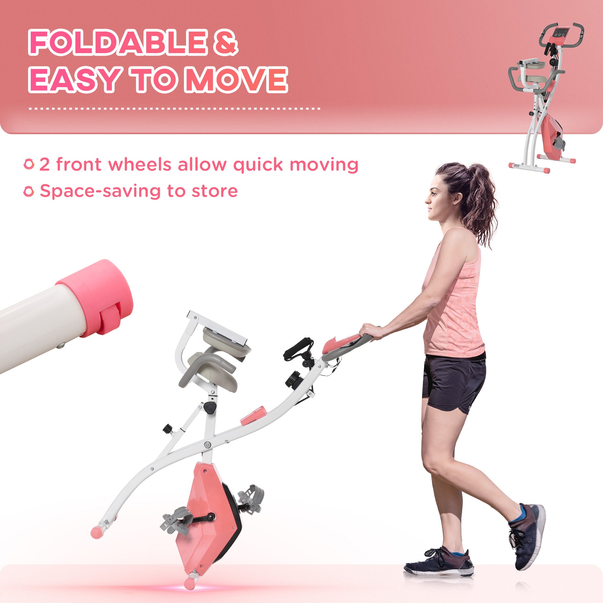 HOMCOM 2-in-1 Folding Exercise Bike with 8-Level Magnetic Resistance, Arm Resistance Band, Pulse Sensor, Pink - North Peak Garden Furniture