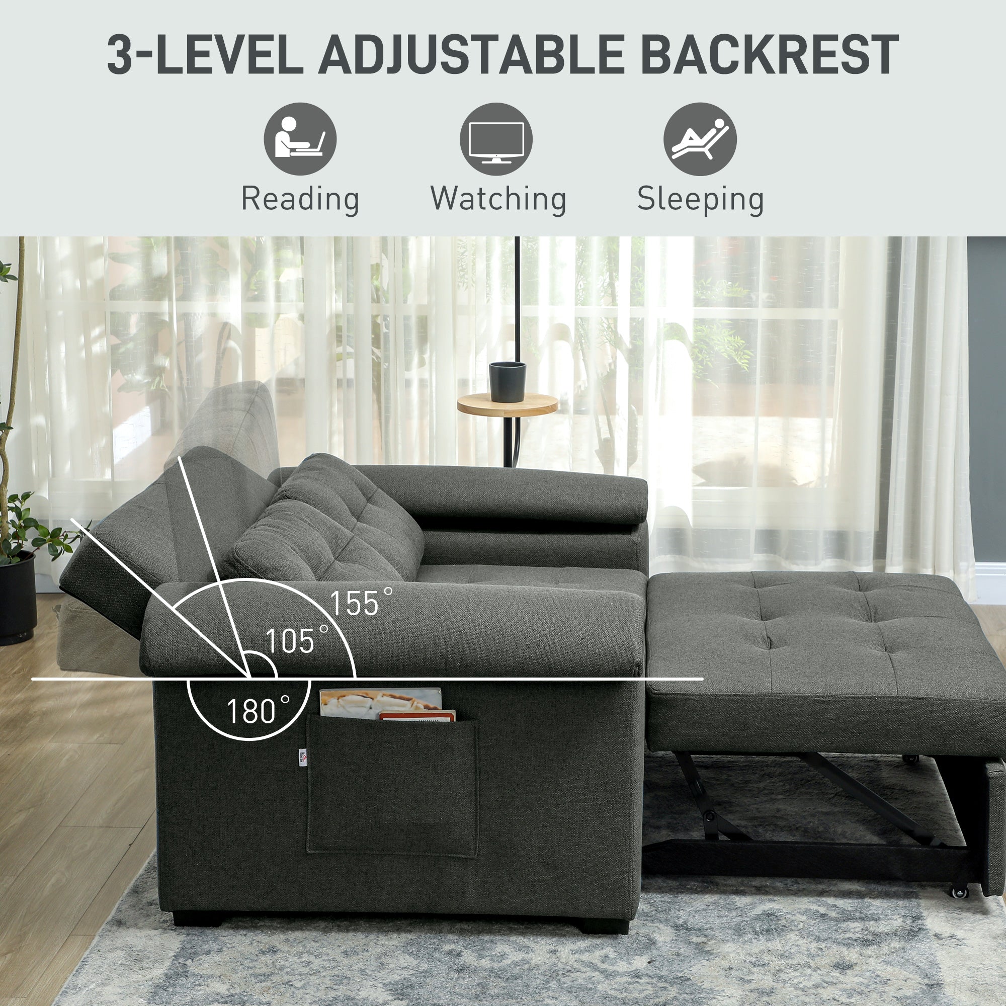 HOMCOM Pull Out Sofa Bed with 2 Pocket Springs, Fabric 2 Seater Click Clack Sofa Bed Settee, Convertible Sofa Couch with Pillows and Side Pockets for Living Room, Home Office, Charcoal Grey - North Peak Garden Furniture