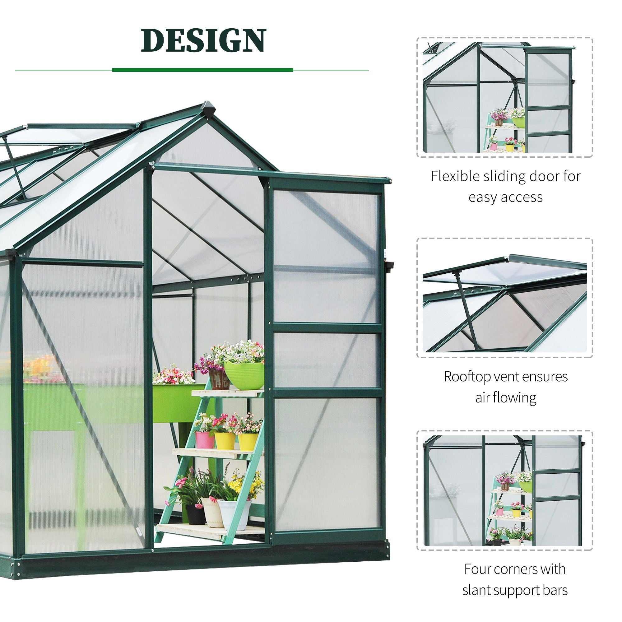 Outsunny 6 x 8ft Polycarbonate Greenhouse, Large Walk-In Green House with Slide Door and Window, Garden Plants Grow House with Aluminium Frame and Foundation, Dark Green - North Peak Garden Furniture