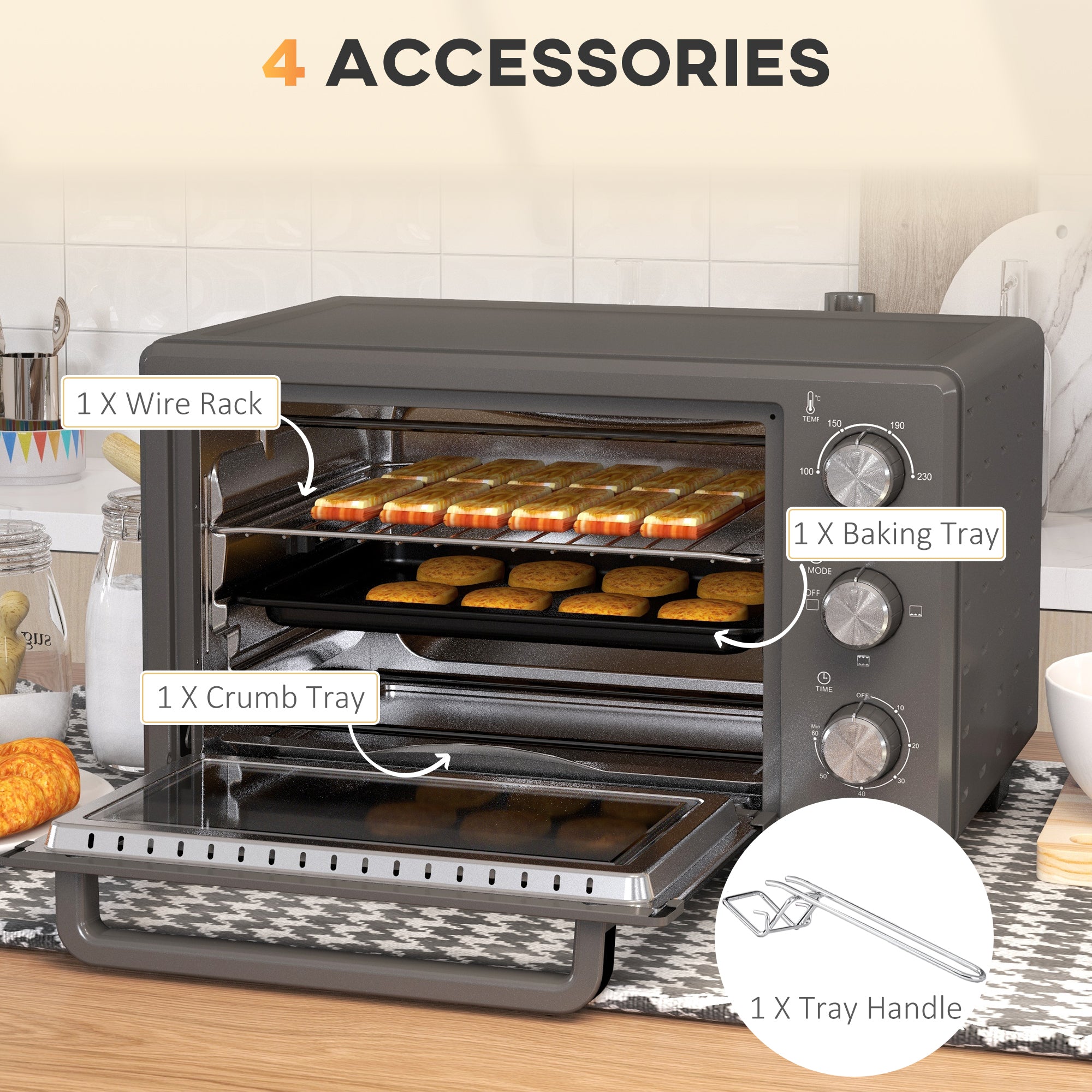 HOMCOM Mini Oven, 21L Countertop Electric Grill, Toaster Oven with Adjustable Temperature, Timer, Baking Tray and Wire Rack, 1400W, Grey - North Peak Garden Furniture