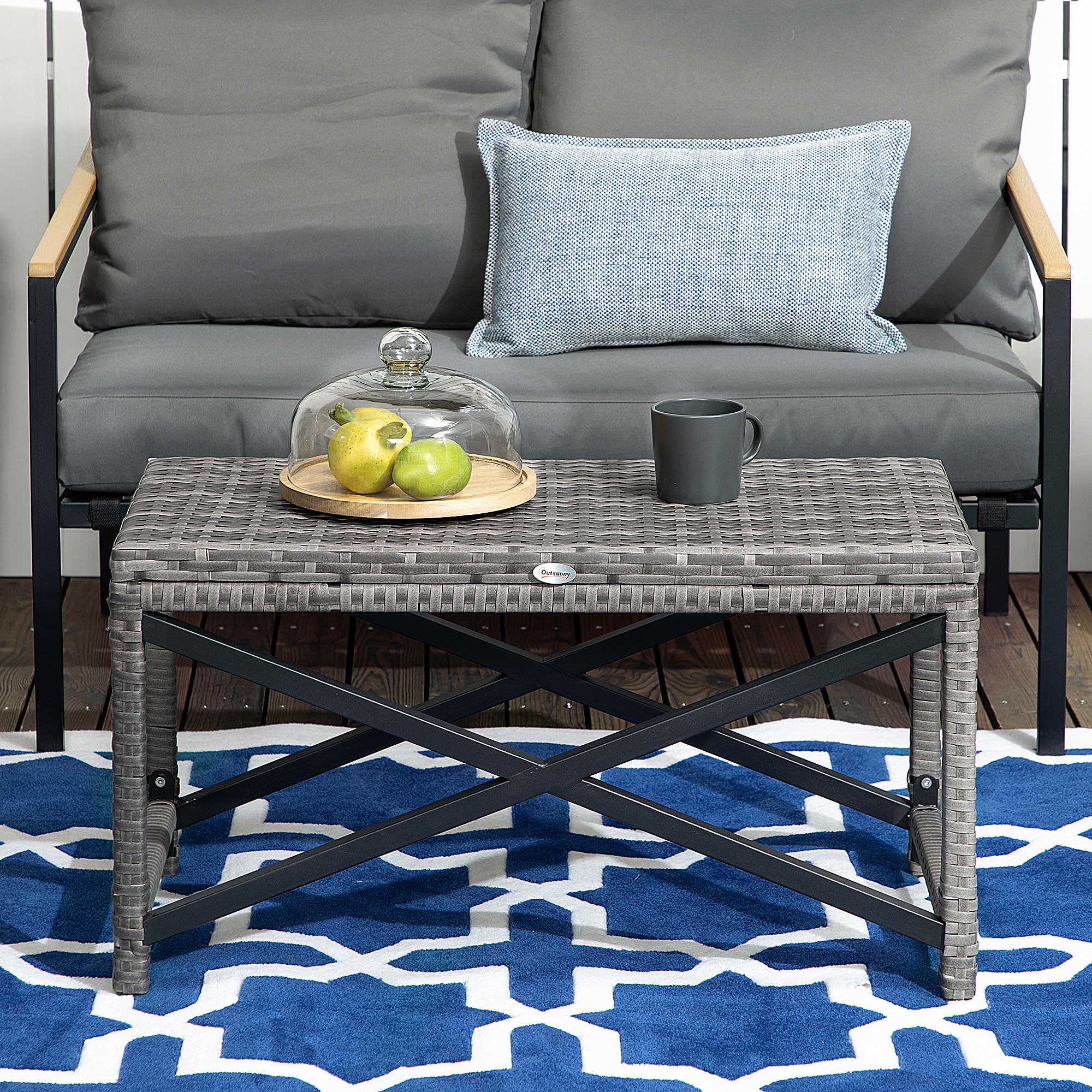 Outsunny Outdoor Coffee Table, Garden PE Rattan Side Table with Plastic Board Under the Full Woven Table Top and X-Shape Frame for Patio, Balcony, Mixed Grey - North Peak Garden Furniture