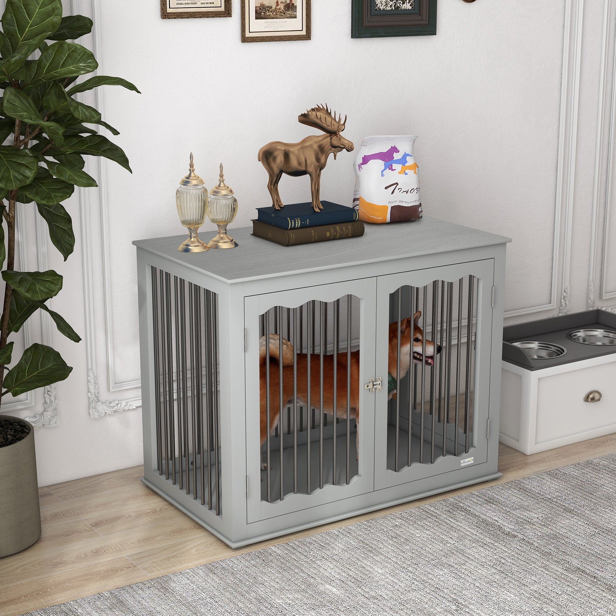 PawHut Dog Crate, End Table, with Three Doors, Locks, Latches for Large Dogs, Indoor Use - Grey - North Peak Garden Furniture