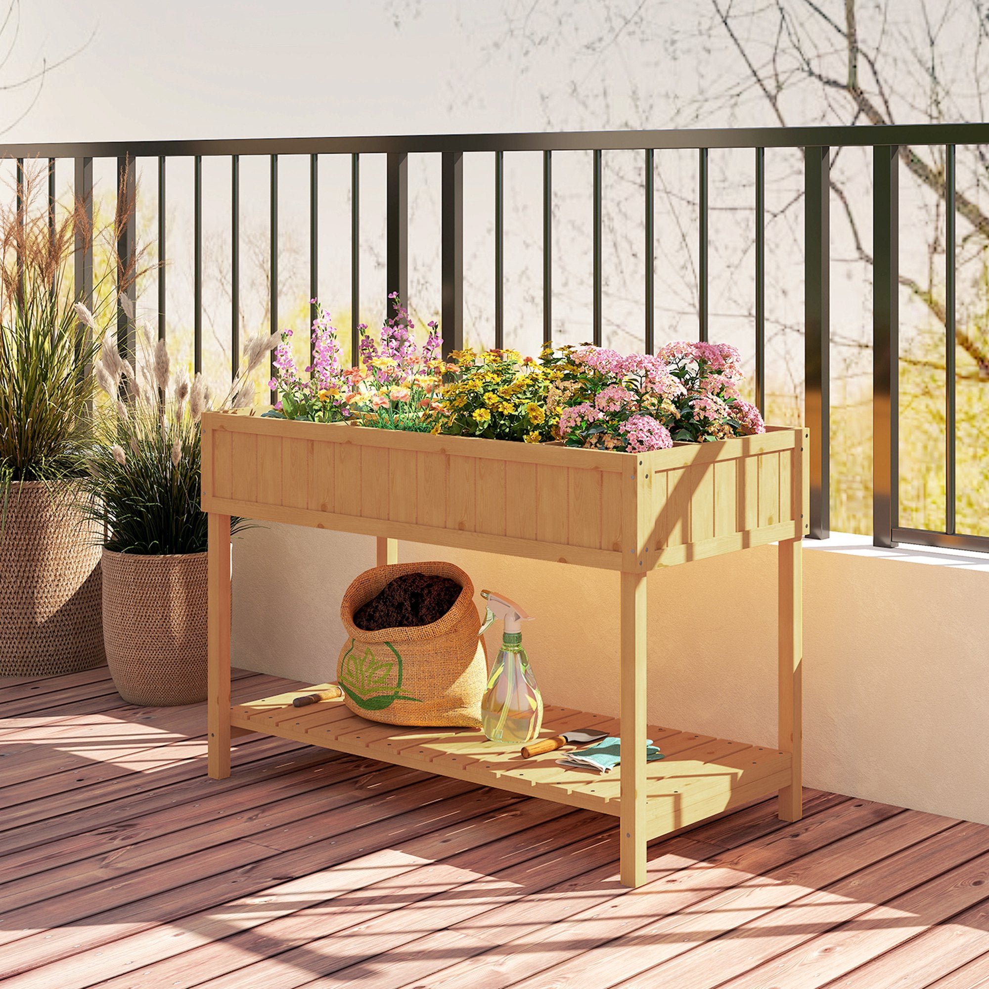 Outsunny Garden Wooden Planters, Rectangular 8 Compartment Plant Stand, Oak Tone