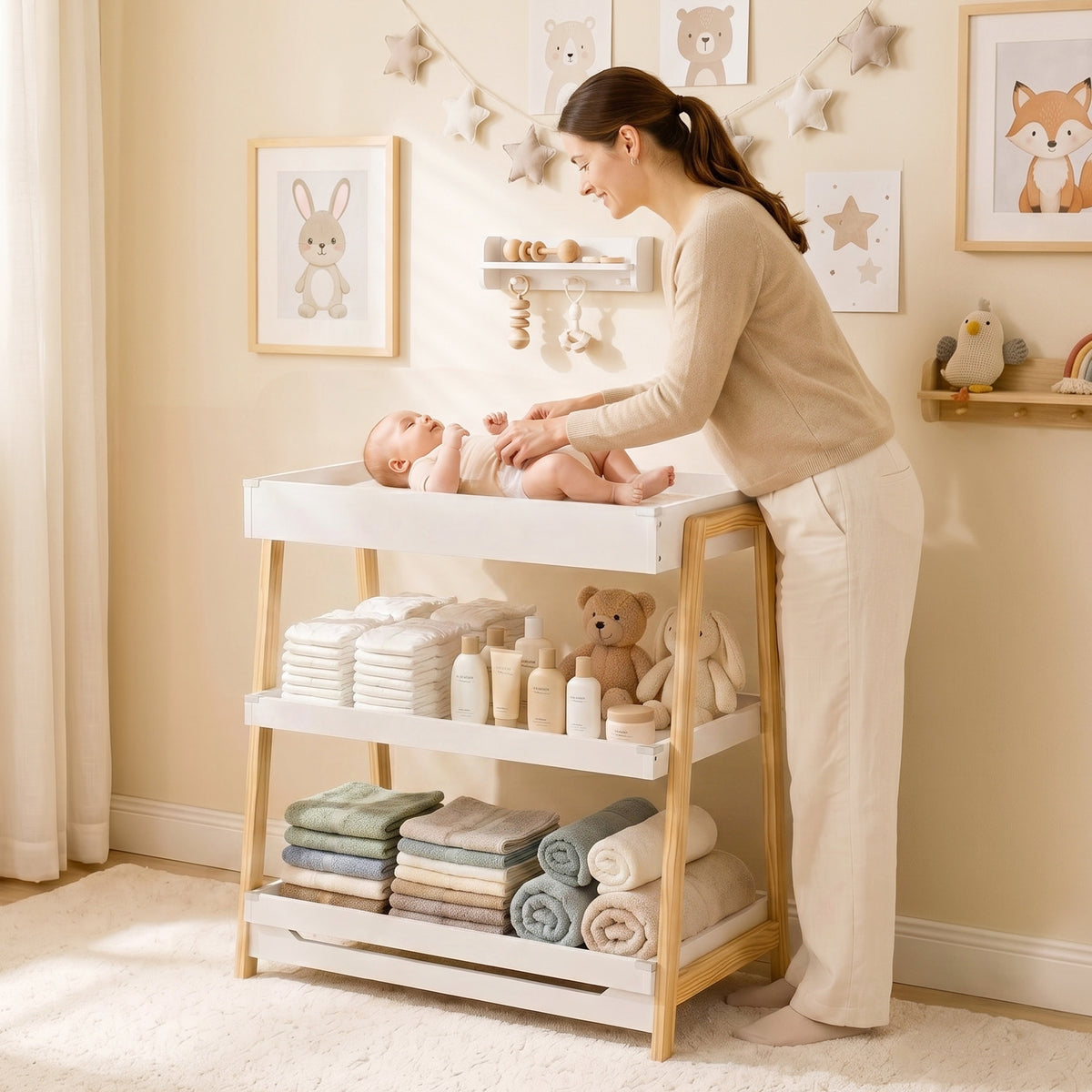 AIYAPLAY Baby Changing Table with 2 Storage Shelves, Nursery Diaper Changing Unit with Waterproof Changing Mat, White