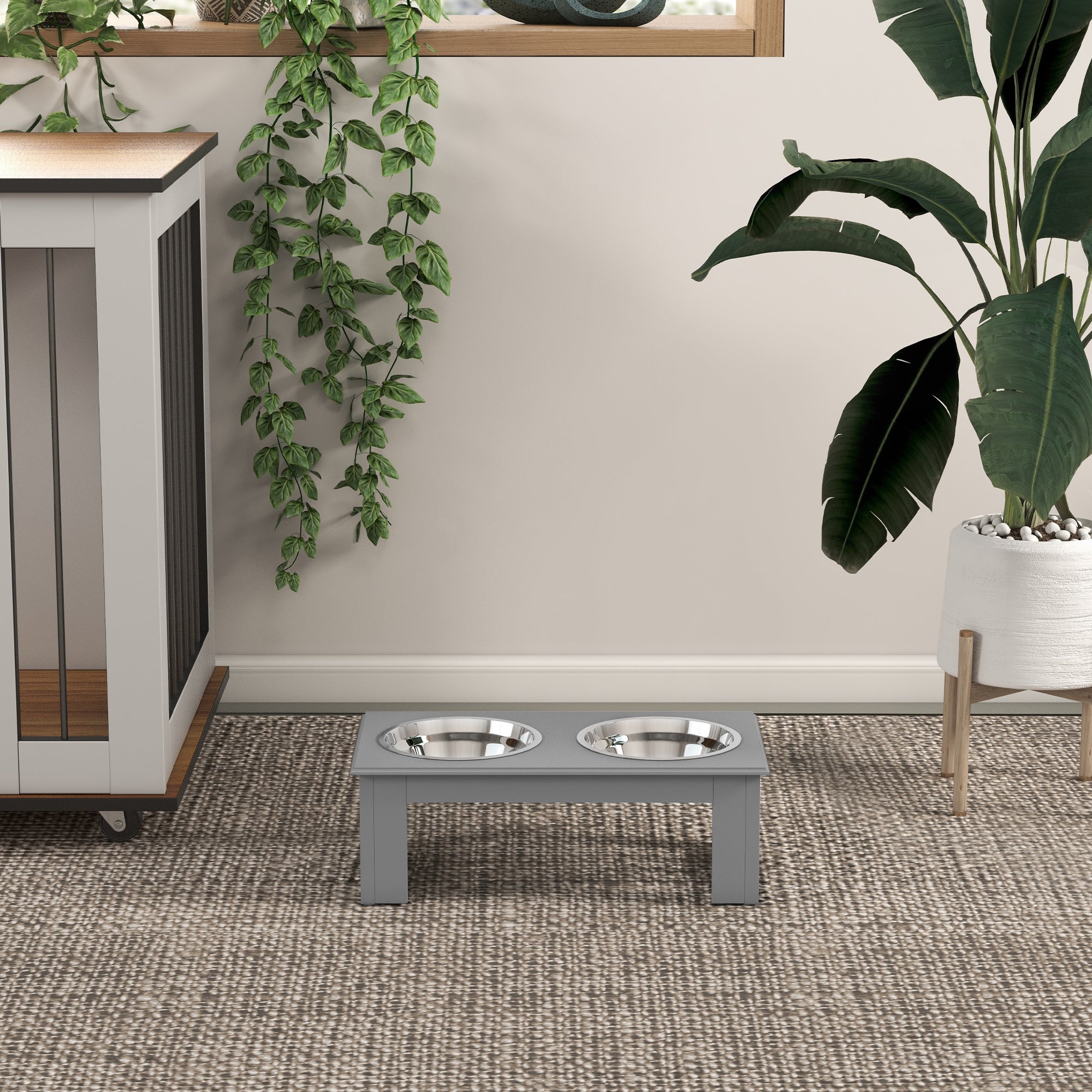 PawHut Raised Dog Feeding Bowls with Stand, Stainless Steel for Extra Small and Small Dog, 44L x 24W x 15H cm - Grey - North Peak Garden Furniture