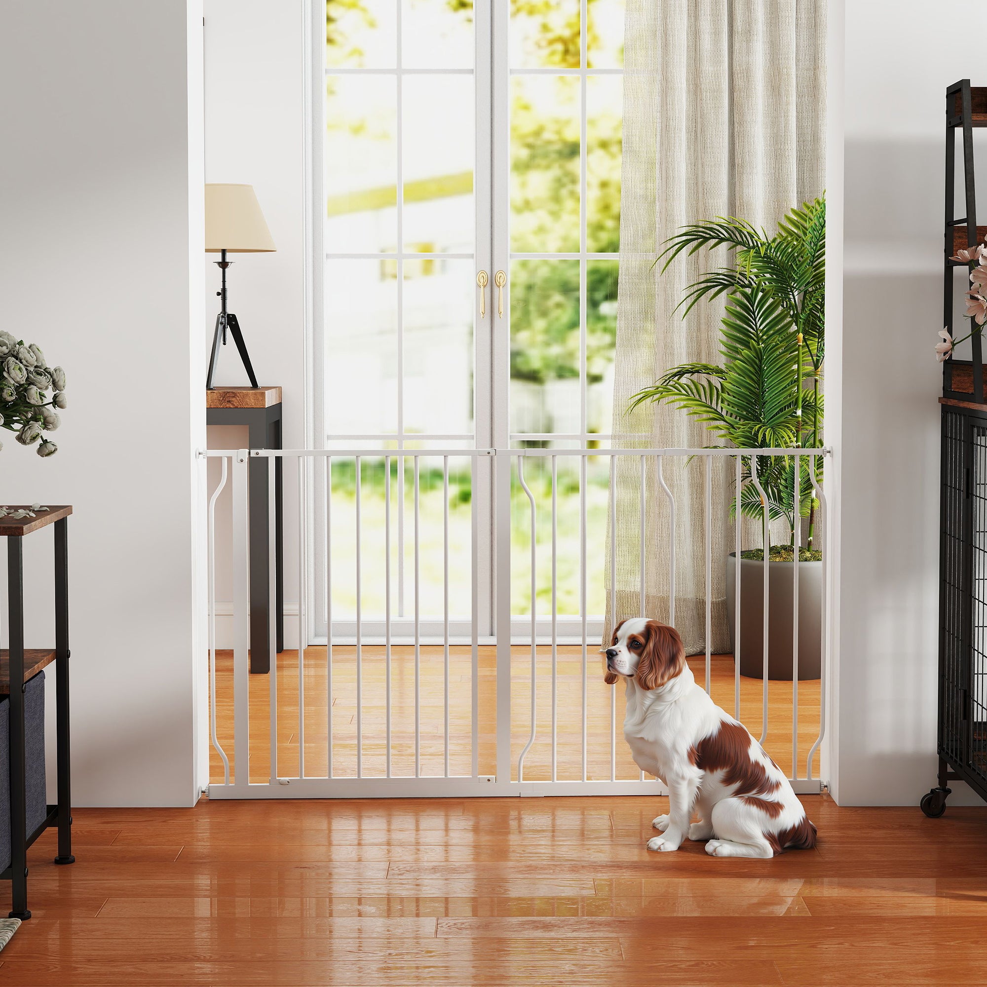 PawHut Extra Wide Dog Safety Gate, with Door Pressure, for Doorways, Hallways, Staircases - White - North Peak Garden Furniture
