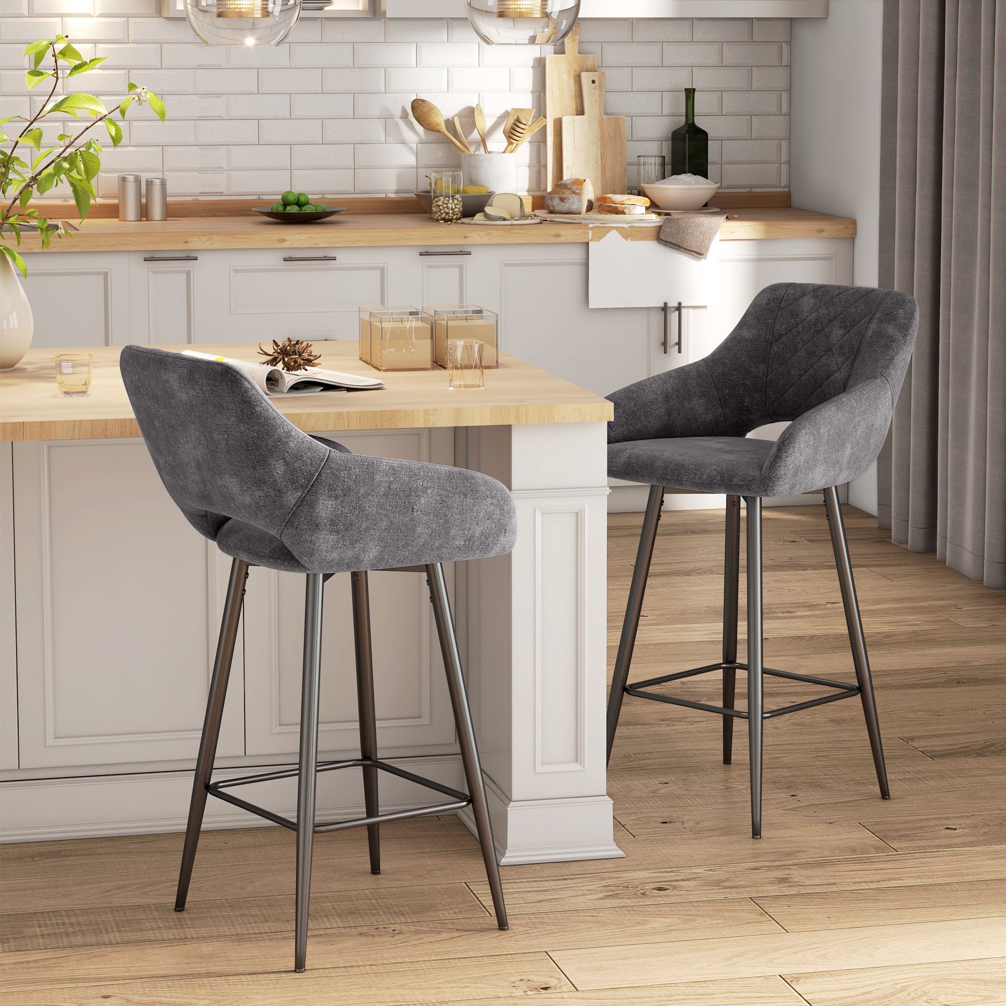 HOMCOM Set of Two Velvet-Feel Bar Stools - Grey