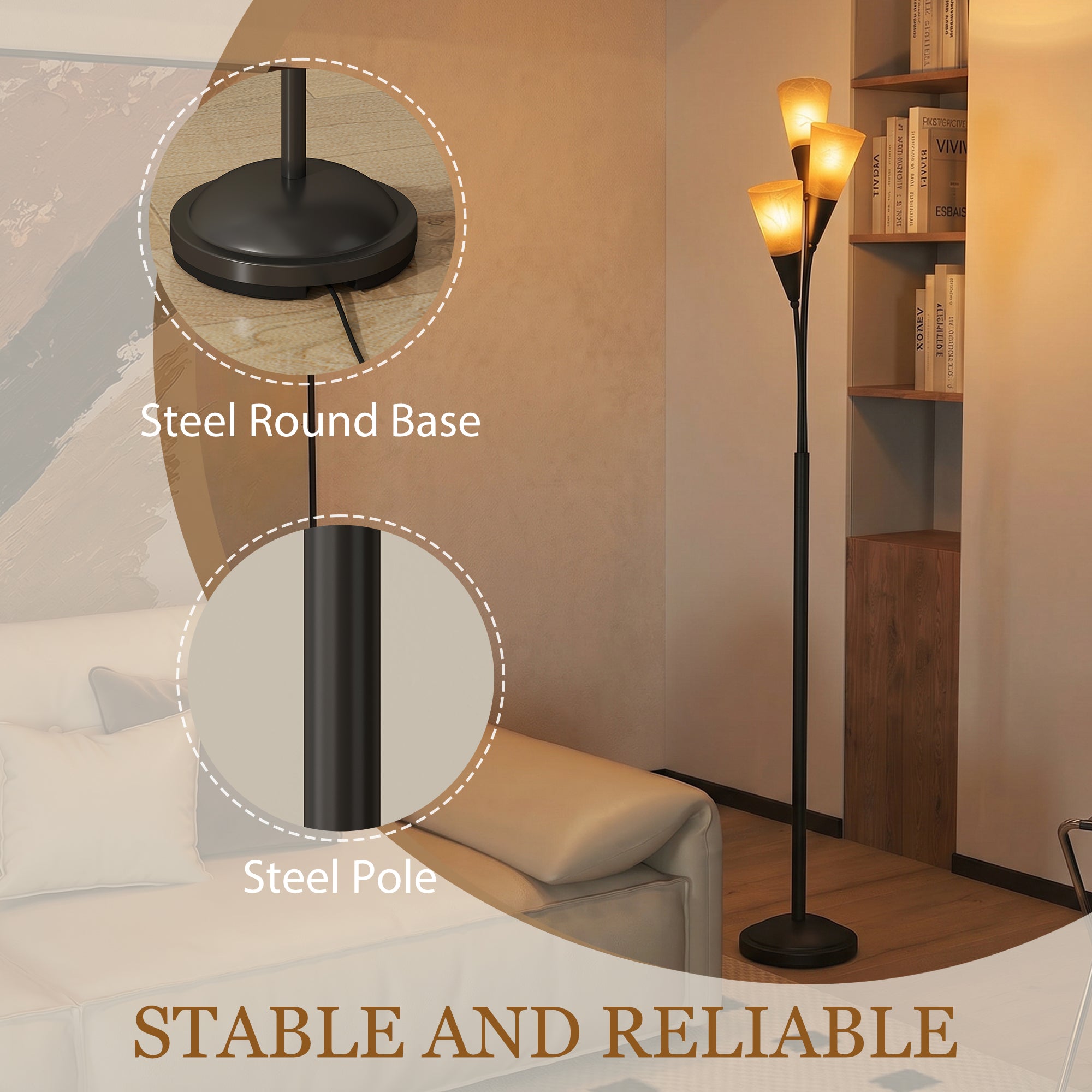 HOMCOM Modern Standing Lamp, 3-Light Upright Floor Lamps for Living Room, Black
