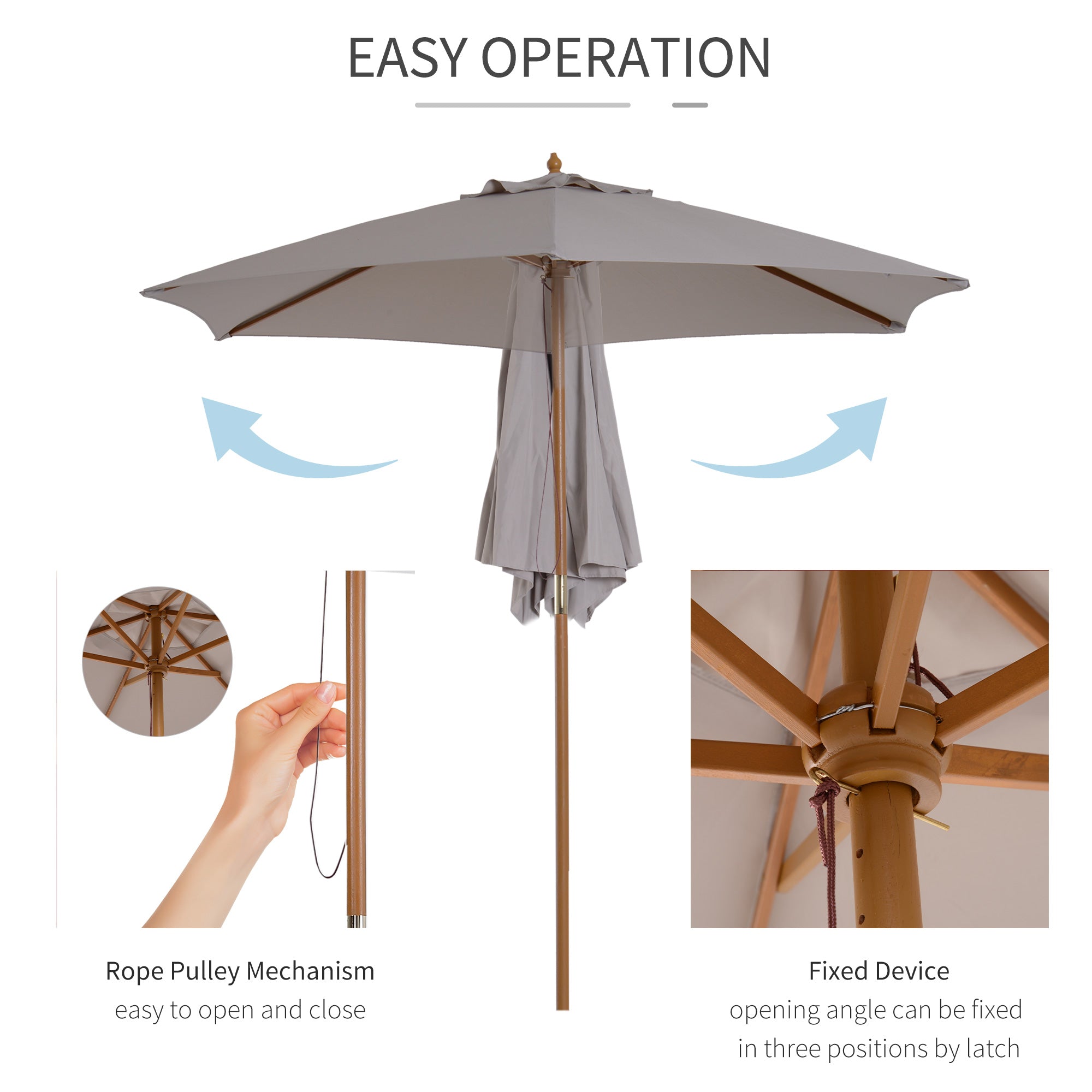Outsunny 2.5m Wood Garden Parasol Sun Shade Patio Outdoor Wooden Umbrella Canopy Grey - North Peak Garden Furniture