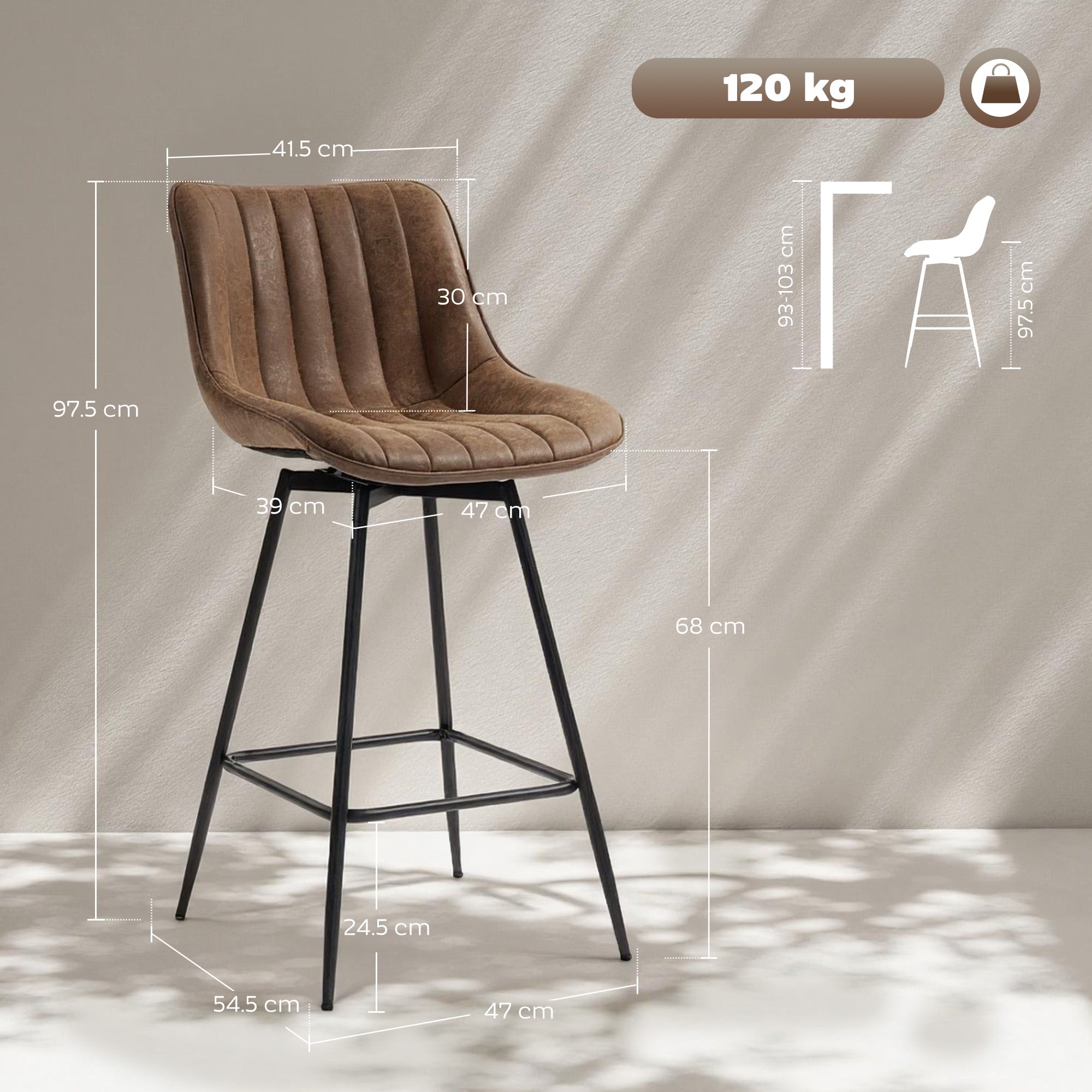 HOMCOM Set of 2 PU Leather Swivel Bar Stools - Brown