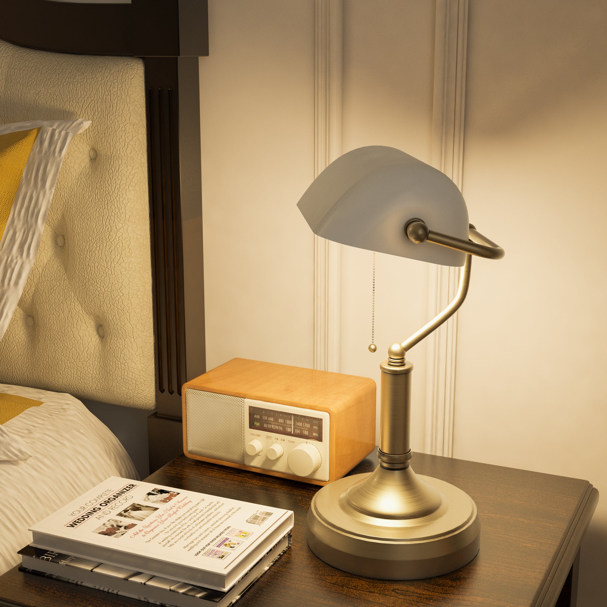 HOMCOM Banker's Desk Lamp with Antique Bronze Tone Base, Table Lamp with White Glass Shade for Home Office, White - North Peak Garden Furniture