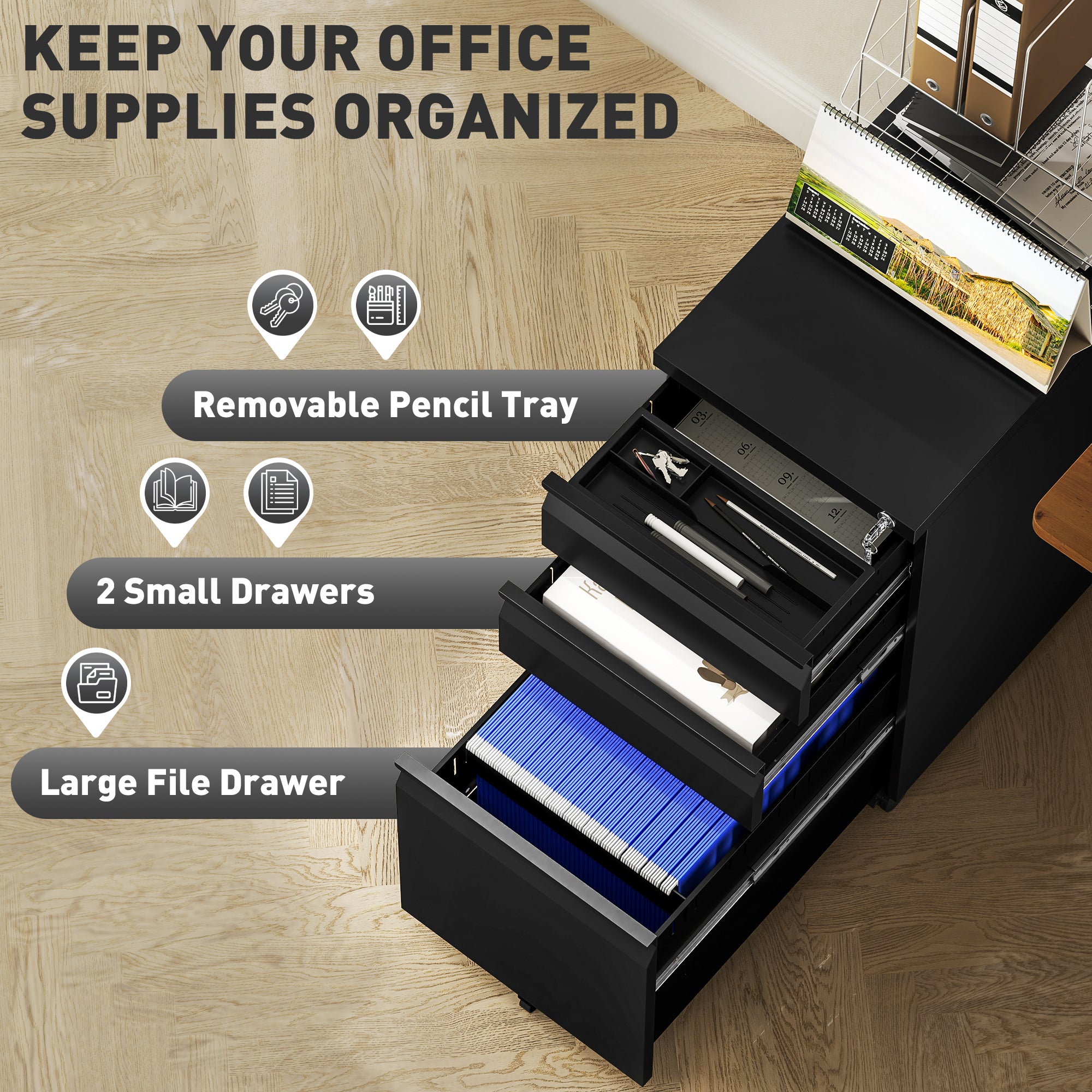 Vinsetto 3-Drawer Steel Filing Cabinet with Lock and Wheels - Black - North Peak Garden Furniture