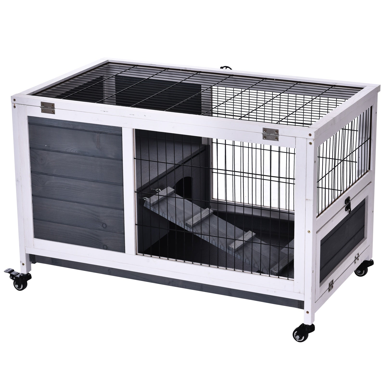 PawHut Rabbits Indoor Fir Wood Lift-Top Hutch Guinea Pigs Hutches-Grey and White - North Peak Garden Furniture