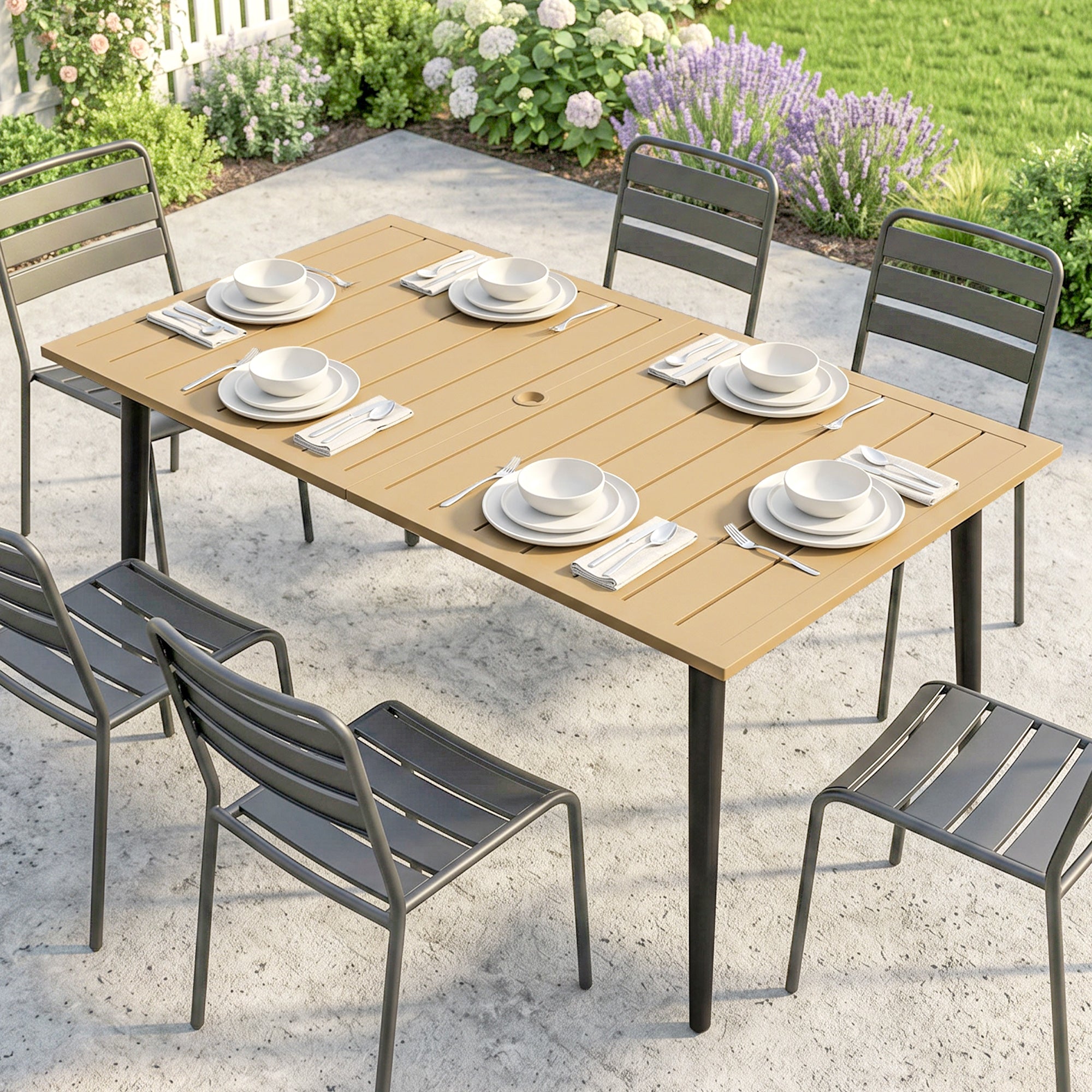 Outsunny Garden Dining Table for 6 Person, Rectangle Outdoor Coffee Table with 5 cm Parasol Hole, Slatted Tabletop and Steel Frame for Patio Balcony, Brown