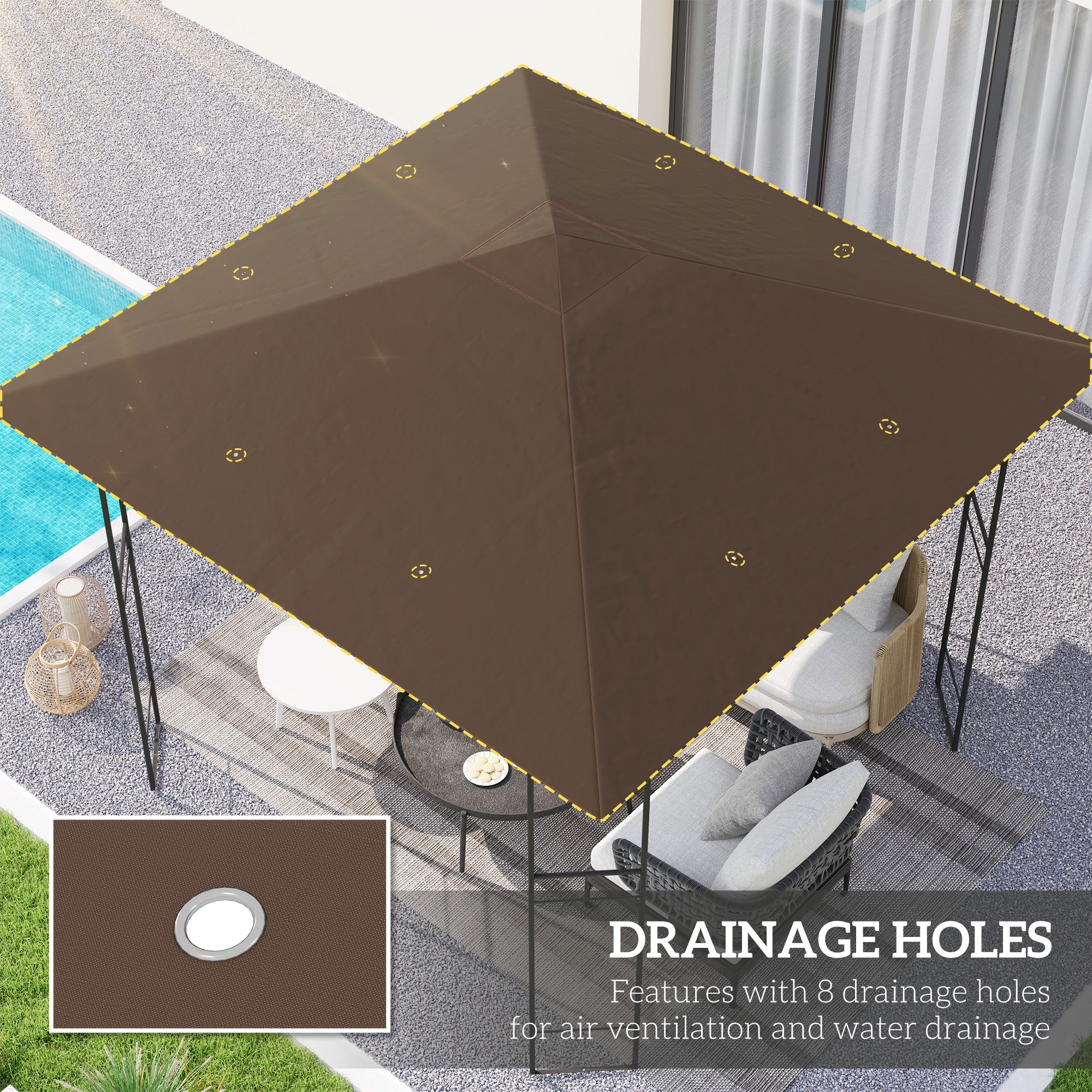 Outsunny 3 x 3(m) Gazebo Canopy Replacement Cover, Garden Gazebo Roof Replacement with Drain Holes, Water-resistant Plastic Coating, 370g/㎡, UPF30+, TOP COVER ONLY, Brown - North Peak Garden Furniture