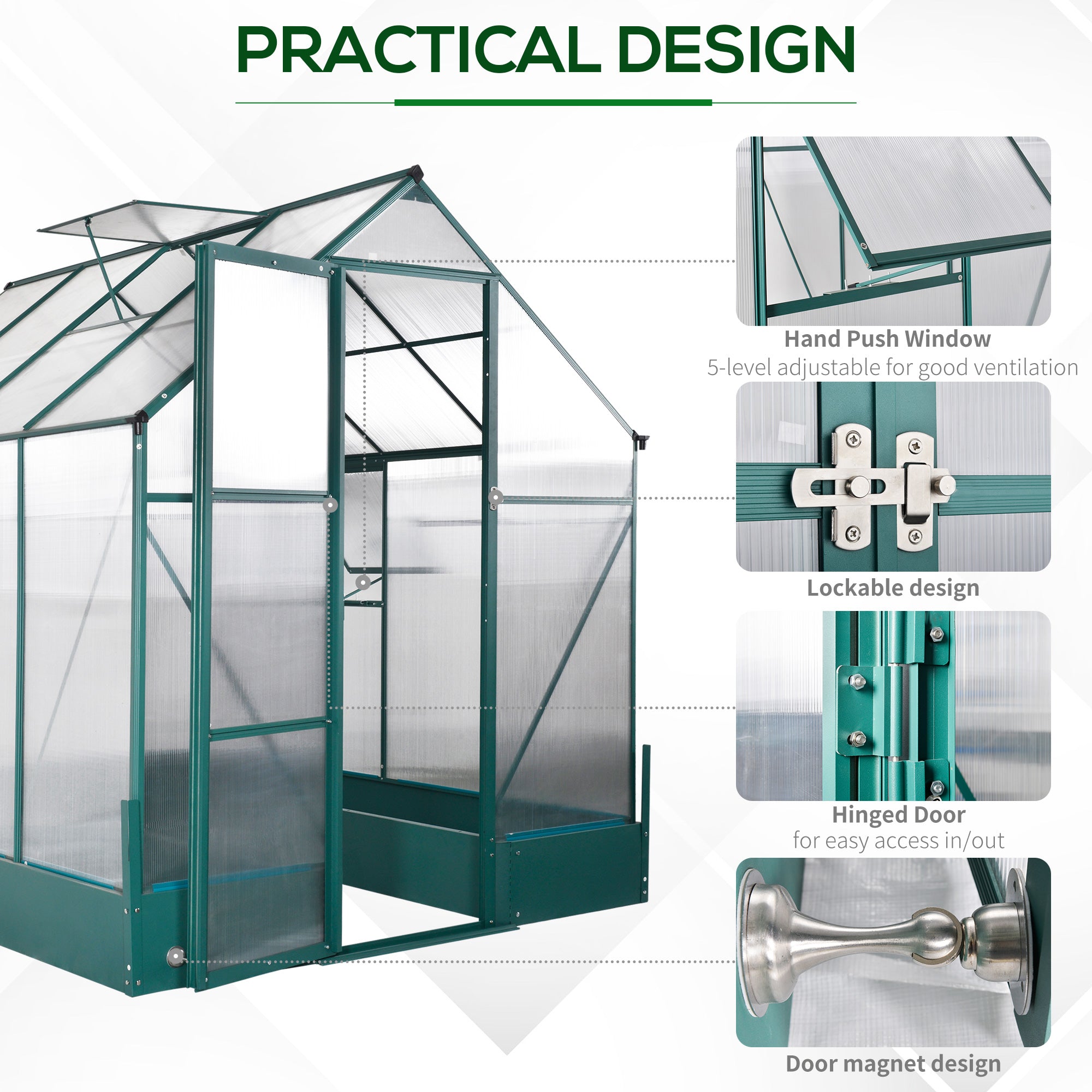 Outsunny Garden Walk-in Aluminium Greenhouse Polycarbonate with Plant Bed, Temperature Controlled Window, Foundation, 6 x 8ft - North Peak Garden Furniture